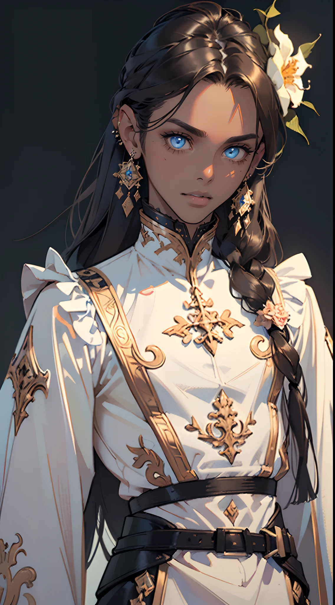 ((Beautiful man:1)) , ((Dark skin:1.5)) , ((long hair)) , ((brown hair)) , ((male:1.4)) , full lips , light silver eyes , voluminous hair,((has pointed ears ears:1)), ((wearing small flower earring:1.3)), ((Skinny build)) ,effeminate , ((has a center part in hair:1)), full long eyelashes,((straight hair:1.3)) , ((crop top:1.2)), hair in a ponytail, Bishounen, possess delicate and androgynous features, age 33 ,

(masterpiece:1.3), (best quality:1.3), high-resolution, watercolor pencil, Head-on angle, upper body, Body facing forward, (upright:1.3), (arms at sides:1.3), solo, blue eyes, beautiful detailed eyes, Futuristic clothing, mechanical suit, (white background:1.2), simple background, concept art, shadowlighting,

(masterpiece, best quality:1.3),beautiful detailed glow,best illuminate,(((best quality,textile shading,ultra detailed))),extremely detailed CG unity 8k wallpaper,Highly Detailed beautiful and aesthetic,best light,high resolution,detailed,dynamic lighting , 1Character ,  pastel washed out colors , cell shade , soft, muted shades ,gentle colors ,