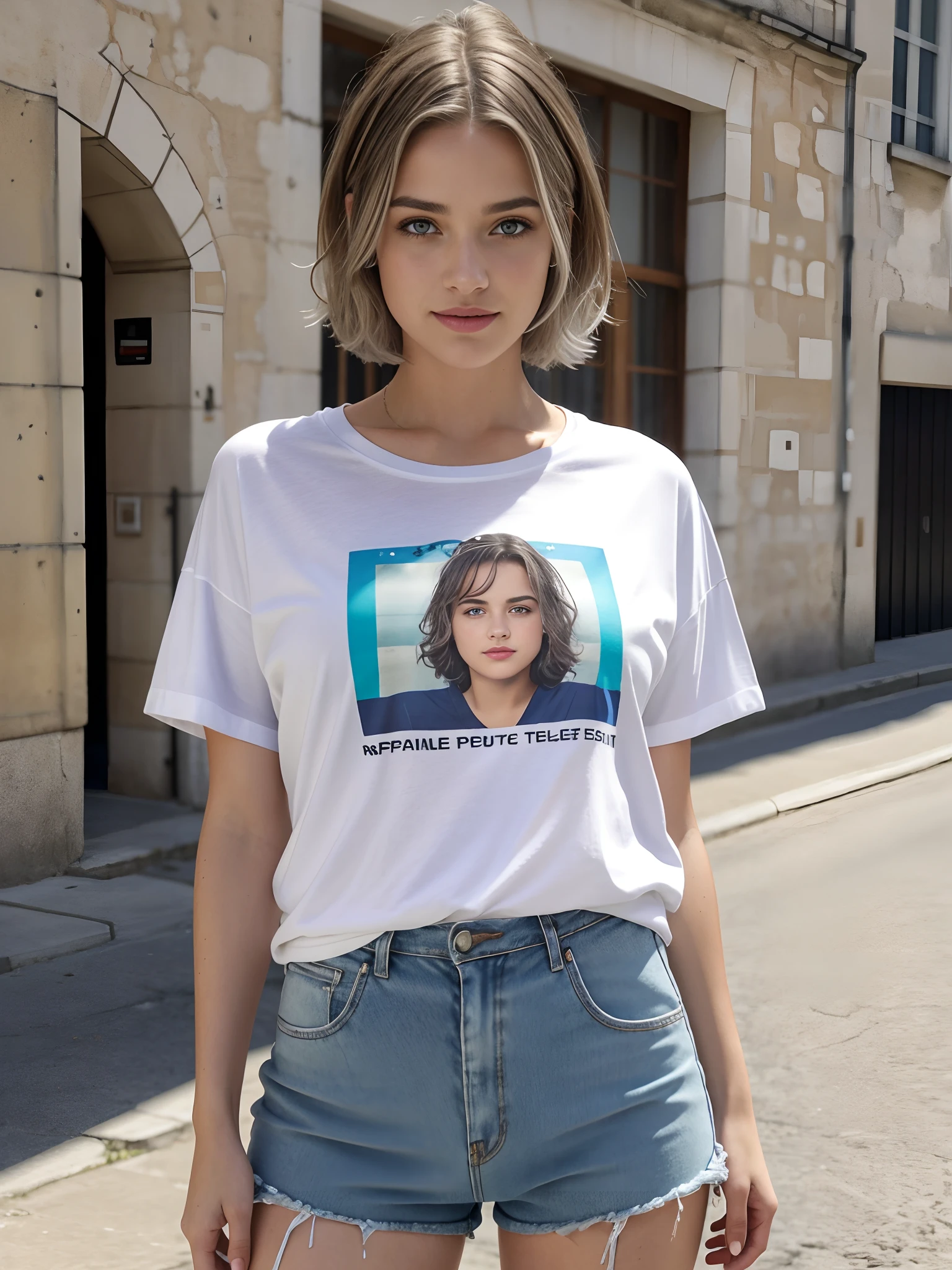 NSFW (en anglais seulement), premier quality, intricate high detail, Chromatic aeration, 1fille dans, drenched, pose de face devant la caméra , a fait demi-tour, cinematographic angle, short silver hair, Blue highlights, Heterochromia iridis, Doux sourire, T-shirt oversize, Super Super Mini Jupe, Remontez votre jupe pour montrer votre culotte, Tirs de cow-boy, wind lift, (Tshirt oversize: 1.2 pouces), Concrete walls, Gribouiller, La rue