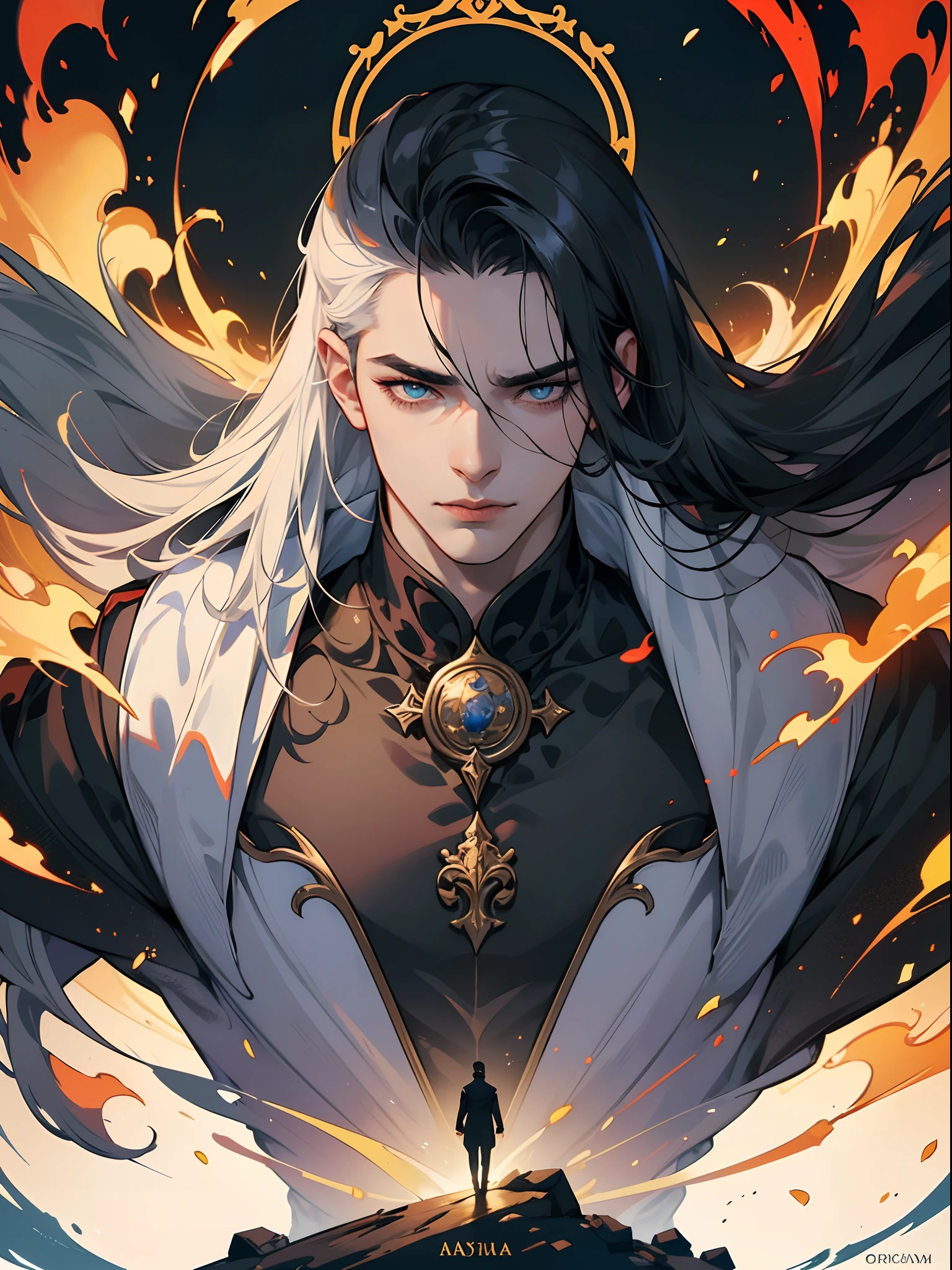 The character described is a tall, Muscular man, with an imposing appearance. Ele tem olhos de cor carmesim, que emanam um brilho intenso e cativante. They have long hair,It's completely white, adding an element of distinction to your look. He wears a black coat,Covers most of his body, giving it an air of elegance and mystery. Por baixo do sobretudo, He was exquisitely dressed、Fitted clothing, which further underscore his athletic figure. Essas roupas, although they are not specified, convey the idea of sophistication and good taste. The man in question emanates a mysterious and haunting aura, implying that there is something intriguing and enigmatic about him. His presence is intense and imposing, able to hold the attention of the people around you. Behind him, revela-se um mundo em chamas. This image suggests that it has some connection to destruction and chaos, perhaps being a figure related to the catastrophic outcome or darkness. Para cobrir seu rosto, He wears a solid white mask, que esconde completamente sua identidade, leaving only his crimson eyes visible. This mask adds an enigmatic and sinister touch to your appearance, suggesting that he has secrets or hidden intentions. No geral, This character is portrayed as an enigmatic figure, poderosa e sombria, whose presence is marked by mystery, Grandeur and a sweeping world on fire.S,splashart, splashart, league of legends splashart, Artistically, Brush Strokes, tmasterpiece, 8K, ultra - detailed, hdd,
