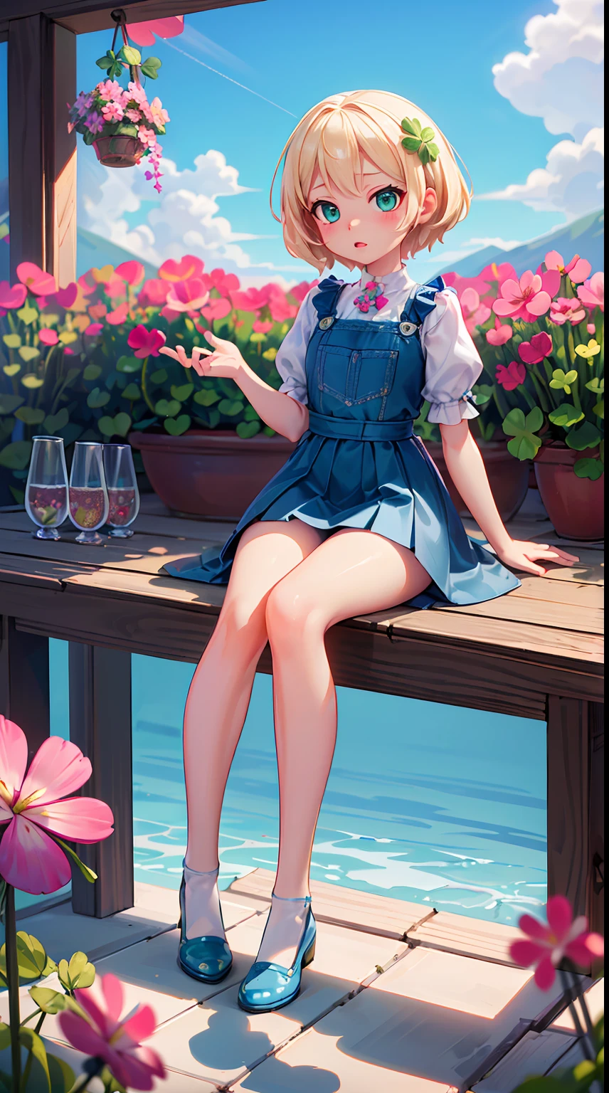 masterpiece, best quality, (ultra-detailed, 8k, uhd), (kawaii background:1.3), (extremely detailed, fine touch:1.3), (hard light, studio light, light rays, dappled light, reflection, shadows, ray tracing:1.0), pov, girl, white blonde short hair, full body, sky, cloud, flower, glass shoes, (clover, flowers:1.3), (sitting, legs apart:1.3)