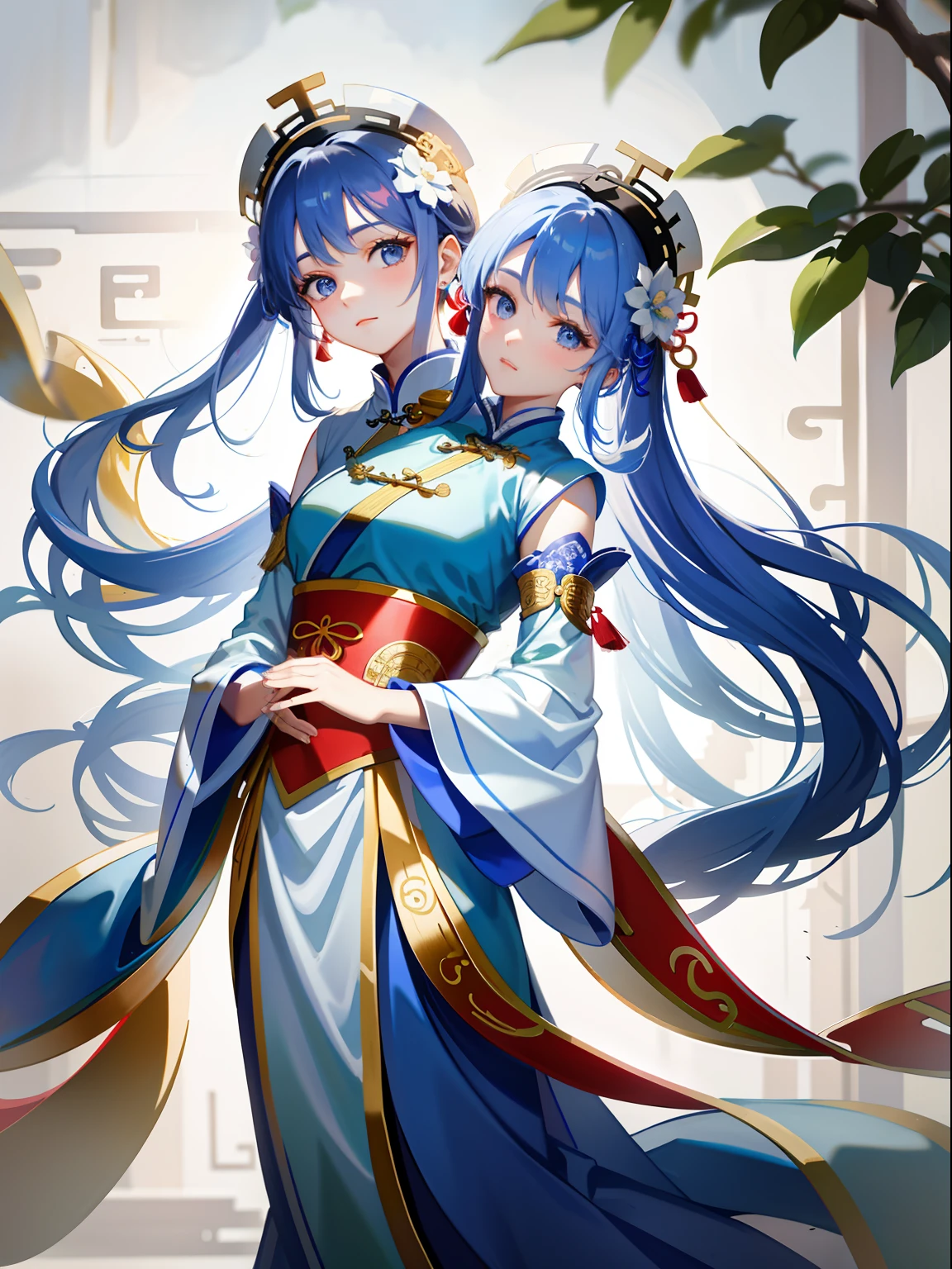 (masterpiece, best quality), best resolution, (2heads:1.5), 1girl,A woman in a blue and white dress with flowers in her hair, hanfu, palace, girl in hanfu, blue hanfu, white hanfu, wearing ancient Chinese costume, ((beautiful fantasy queen)), ancient Chinese princess, Chinese style, traditional Chinese clothing, ancient Chinese clothing, beautiful fantasy queen, Chinese princess, traditional beauty,