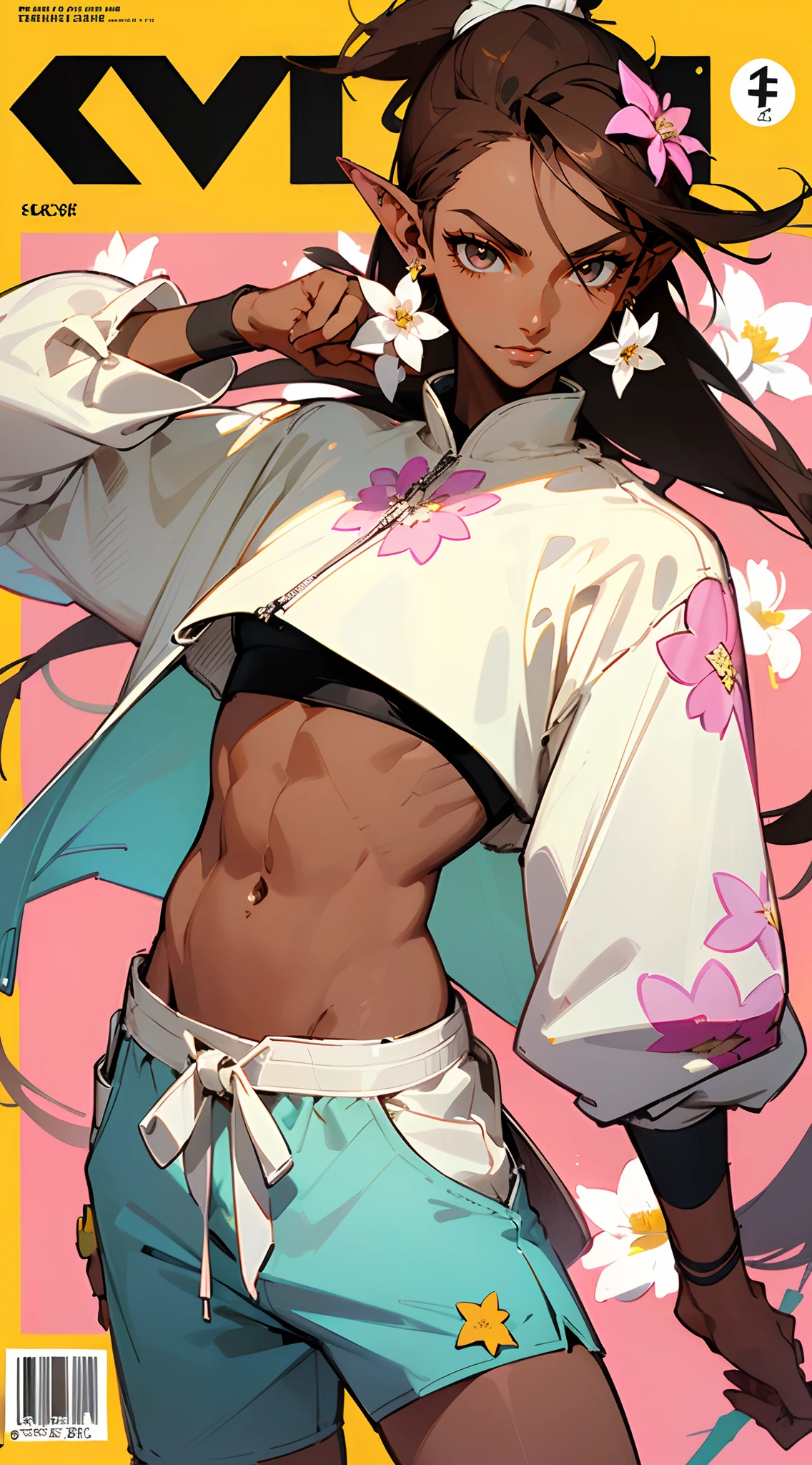 ((Beautiful man:1)) , ((Dark skin:1.5)) , ((long hair)) , ((brown hair)) , ((male:1.4)) , full lips , light silver eyes , voluminous hair,((has pointed ears ears:1)), ((wearing small flower earring:1.3)), ((Skinny build)) ,effeminate , ((has a center part in hair:1)), full long eyelashes,((straight hair:1.3)) , ((crop top:1.2)), hair in a ponytail, Bishounen, possess delicate and androgynous features, age 33 ,
Solo, sfw, cap, shorts, jacket, (Magazine cover-style illustration of a fashionable character in vibrant outfit posing in front of a colorful and dynamic background. They have a confident expression and is striking a pose. The text on the cover should be bold and attention-grabbing, with the title of the magazine and a catchy headline. The overall style should be modern and trendy, with a focus on fashion and lifestyle), wallpaper, crowds, fashion, contrapposto, model, cool
(masterpiece, best quality )detailed, 1Character , pastel washed out colors , cell shade , soft, muted shades ,gentle colors ,