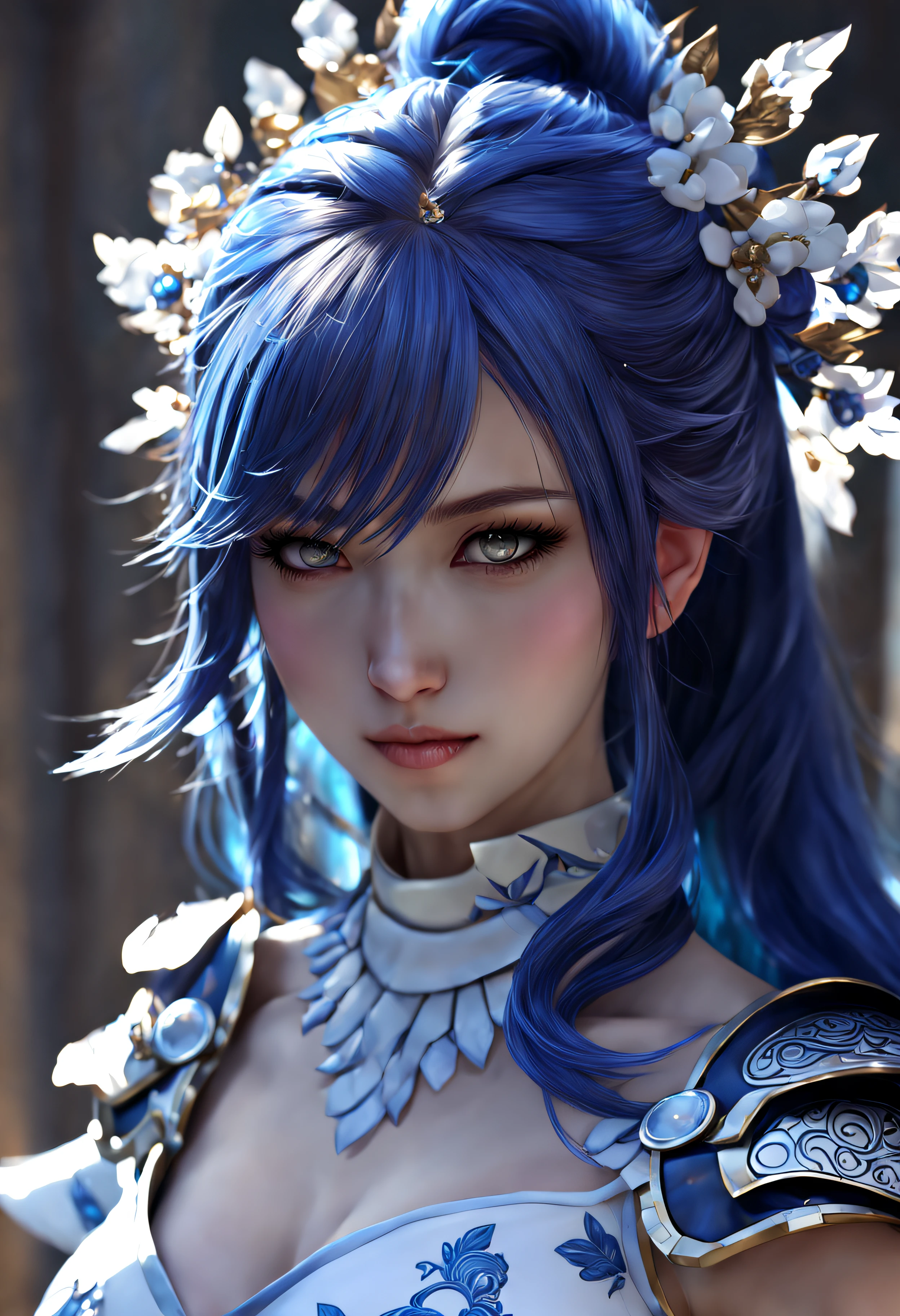8K,Close-up of a woman in a blue and white dress、blue hairs, Super beauty,(Like the real thing)Blue eyes,poneyTail,Chengwei Pan on Artstation、 Yang J 作、 Detailed fantasy art、Stunning character art、 Fan Art Best Art Station、 Magnificent exquisite character art、 Beautiful armor、Highly detailed Artgerm、 Detailed Digital Animation Art、 Artgerm on ArtStation Pixiv、 Girl in Armor,dynamic ungle,超A high resolution,a smile,real looking skin,enticing,A sexy,Active,
