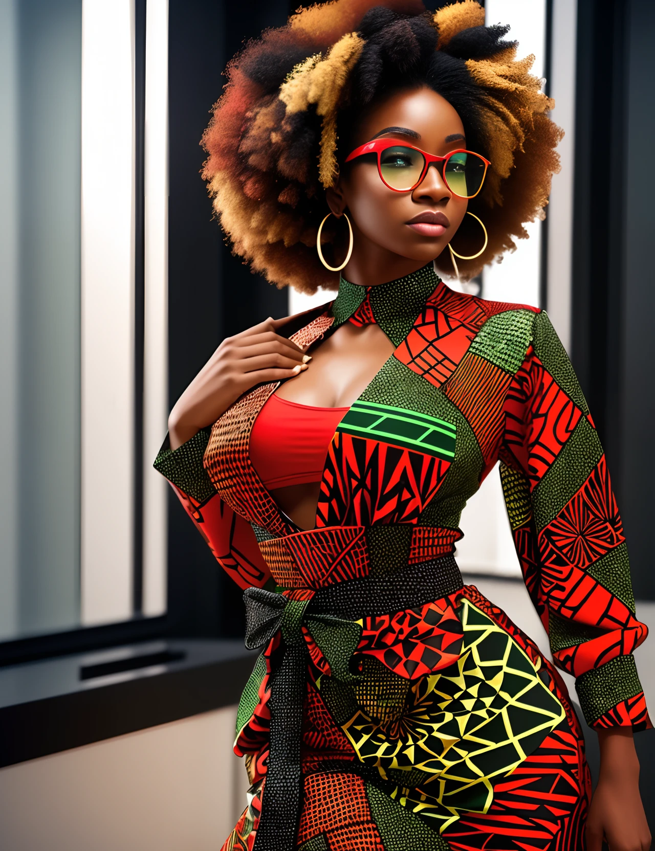 Wide angle shot of a Beautiful black woman with coloured curly hair and dressed in African designed high fashion clothes, standing in a high fashion model pose in a cube glass room with red and green colours reflecting on the glasses, whole scene in black and white with some red colour reminiscent of sin city the movie, light, photorealistic image, 32k, ultra HD, cinematic lighting --auto --s2