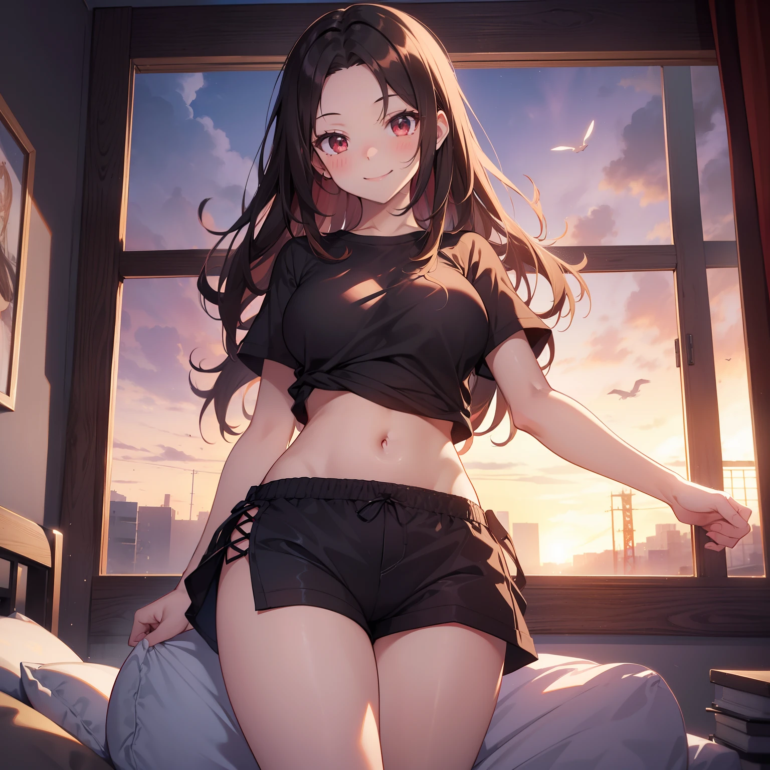 (masutepiece,Best Quality,8K),(extremely detailed CG1.1),teens girl,Smile,large boob,(From below:1.2),Intricate details , Hyper realistic, Perfect Anatomy,A dark-haired,Red Eyes,(((Forehead))),Permed hair with wavy hair,(((length hair))),Hair over one eye,hair slicked back,Full body,tshirts,Black shorts,blush,Happy smile,(((Bedrooms))),Night view,optic,(chromatic abberation:1.3),Dynamic Angle,bird flocks,Cowboy Shot,Looking at Viewer