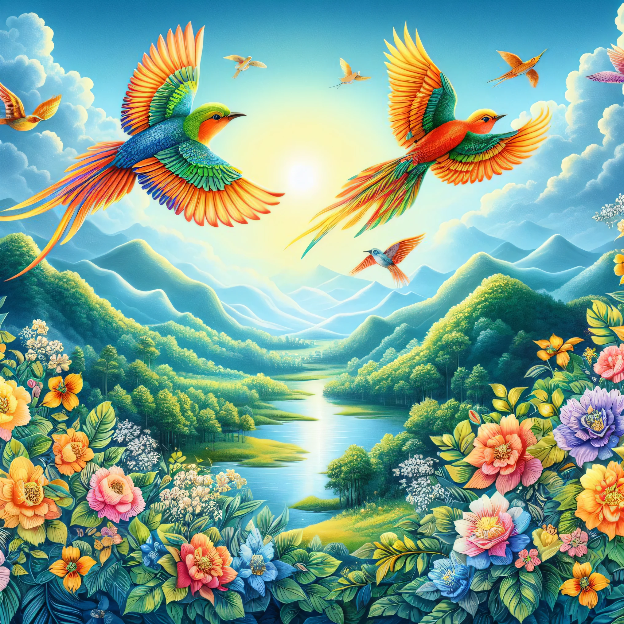 a painting of two birds flying over a river surrounded by flowers, beautiful art uhd 4 k, colorful hd picure, mystical birds, detailed painting 4 k, 4k highly detailed digital art, beautiful and colorful, colorful birds, birds in the sunlight, nature painting, mythical floral hills, birds and butterflies, birds flying in the sunlight, birds of paradise