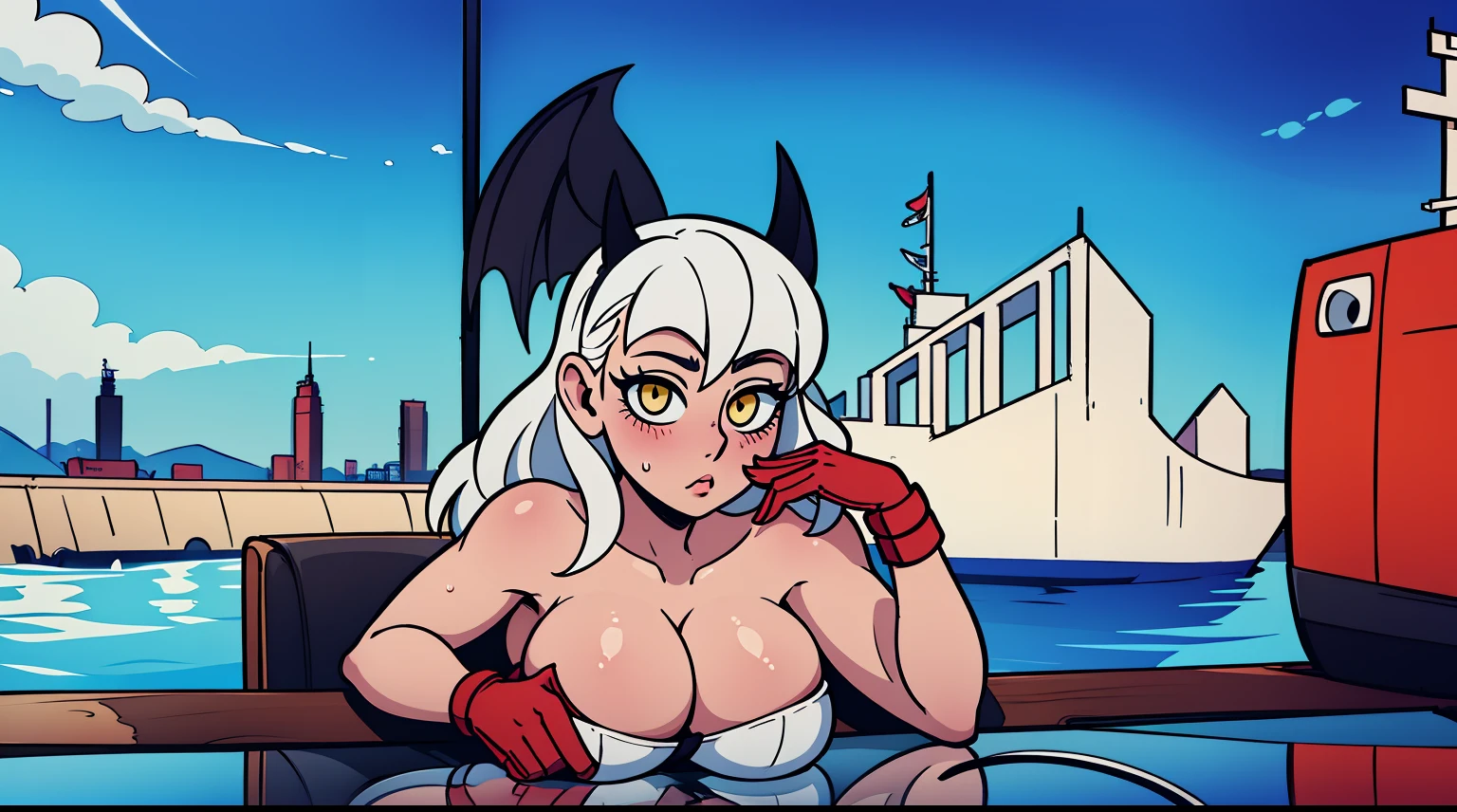 (masterpiece, best quality:1.2), shadman, helltaker, 1girl, breasts, solo, official alternate costume, gloves, long hair, yellow eyes, large breasts, white hair, cleavage, looking at viewer, leotard, wrist cuffs, black leotard, upper body, blush, bare shoulders, scenery, outdoors, sky, reflection, water, abstract background, (ship on the background:1.3)
