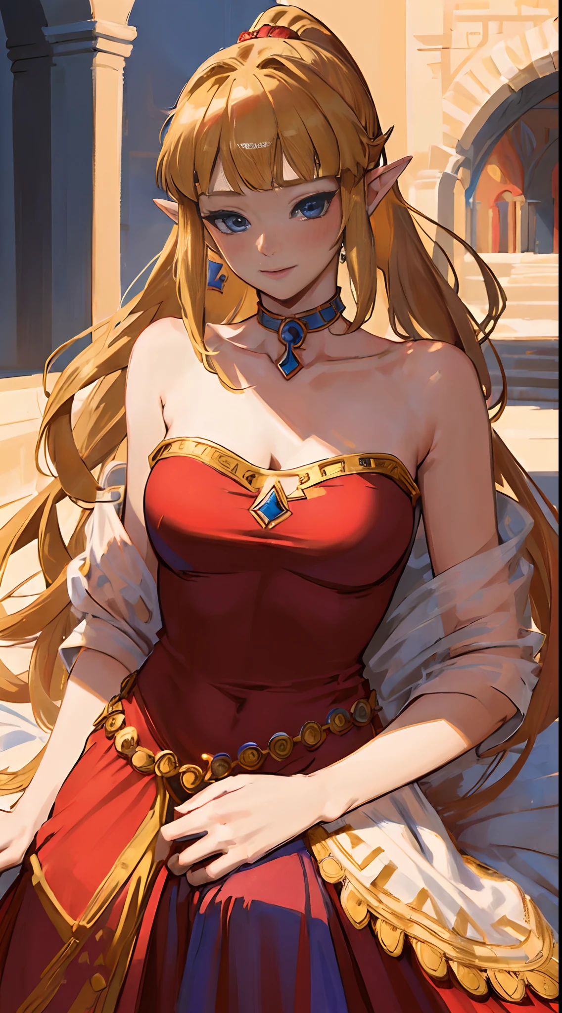 (adult:1.4)(24 years old:1.4)(masterpiece, best quality:1.2), 1girl,solo,(looking at viewer), princess, Zelda, red theme, long strapless dress, blonde hair, bare shoulders, blue eyes, palace, cowboy shot, ponytail,(blushing), (collar), (smiling:0.7),(see-through:0.3)(eyes open:1.3),(excited:0.4)(surprised:0.5),blushing