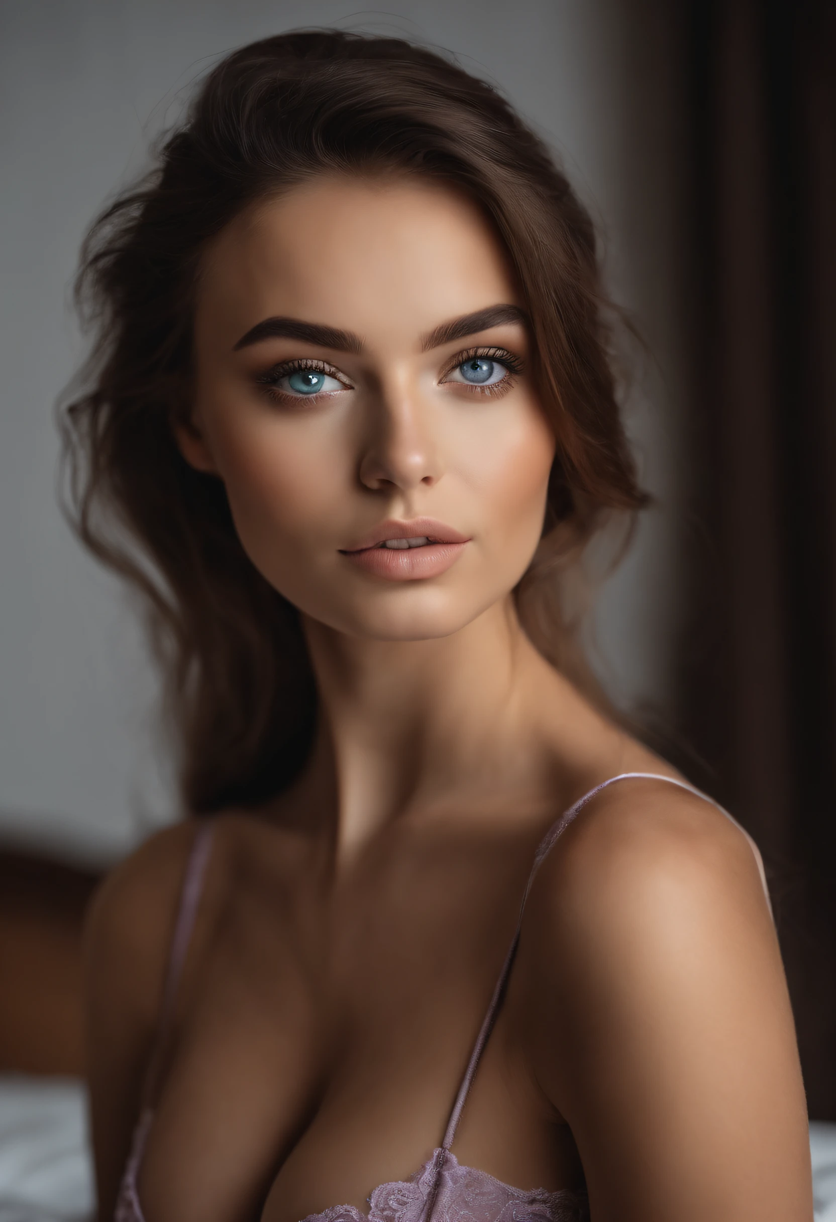 Femme Arafed complètement , fille sexy aux yeux bruns, ultra réaliste, Méticuleusement détaillé, Portrait Sophie Mudd, cheveux bruns et grands yeux, Selfie d’une jeune femme, Blue Eyes, Violet Myers, sans maquillage, maquillage naturel, Regarder directement la caméra, Visage avec Artgram, Maquillage subtil, Superbe photo du corps entier agenouillée sur le lit, dans la chambre, Buste de taille moyenne à grande