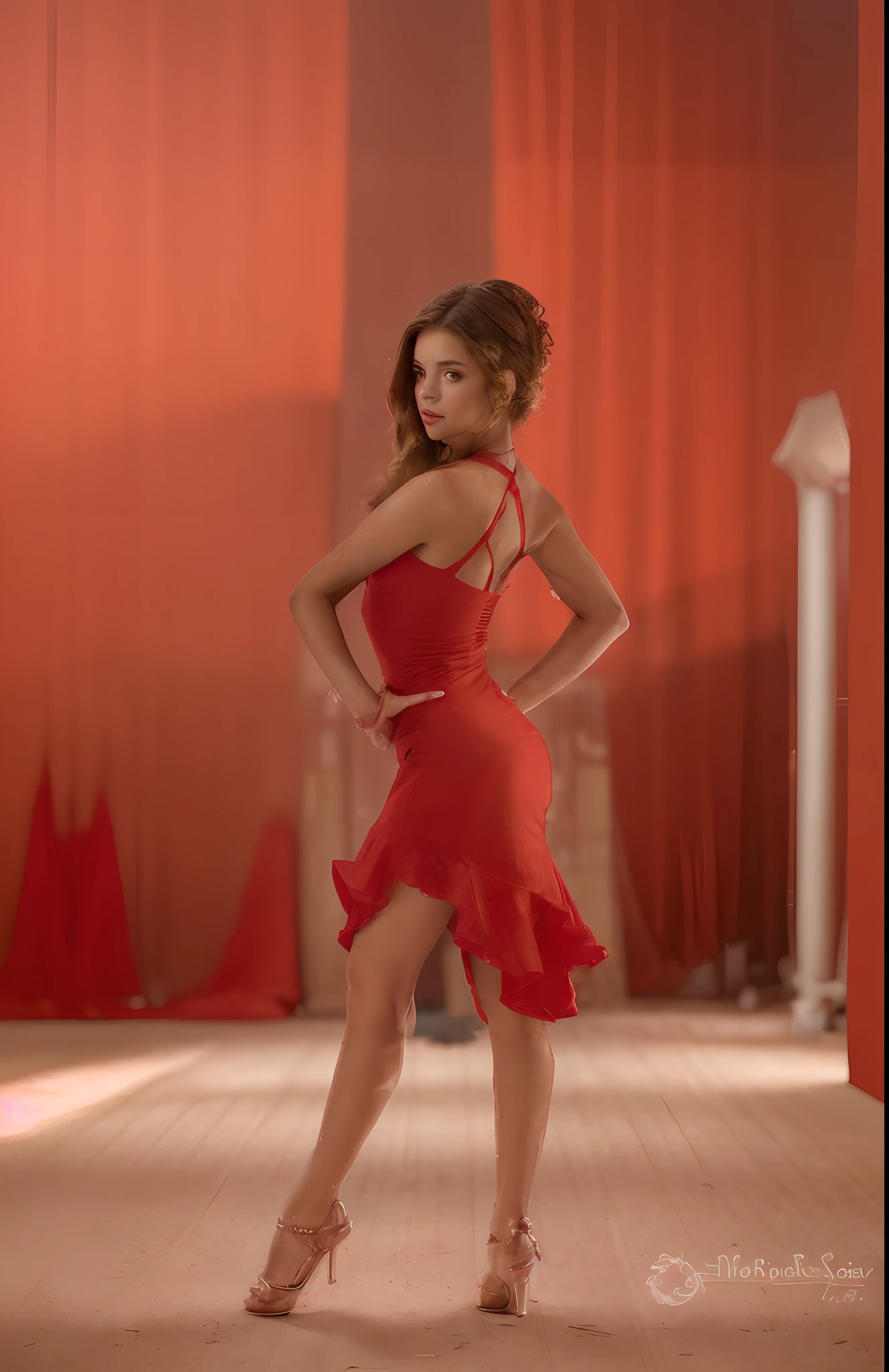 Beautiful girl in a red dress on a light background