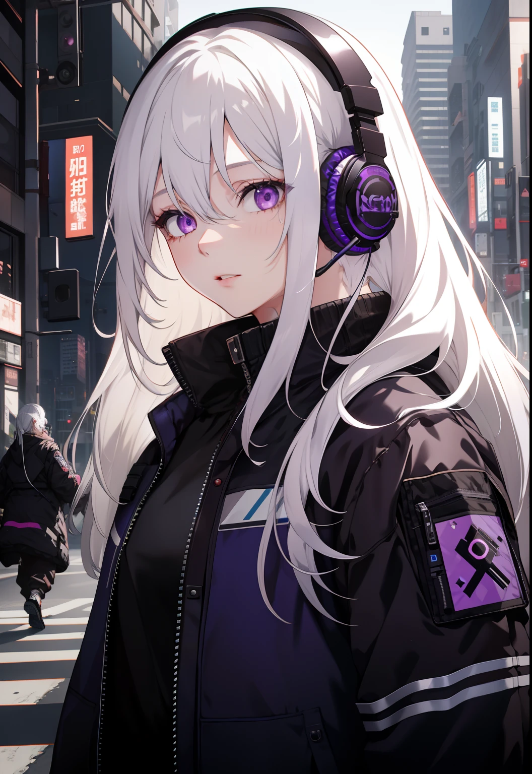 1girl, white hair, long hair, techwear  masterpiece, bestquality, realistic, realism, dark purple jacket, portrait, detailed eyes, wearing headset, platinum hair, 21 year old girl, fashion pose, half body, wide shoot, on the street, cyberpunk