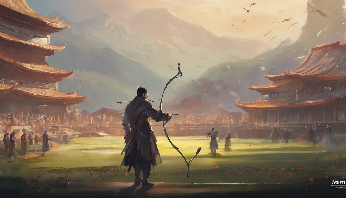 Best quality,Highly detailed,Masterpiece,Asian male,in a panoramic view,On the sports field,There are a lot of people,Bow and arrow competition,Archery competition,wearing a hanfu,Square face,Deep eyes,Beard