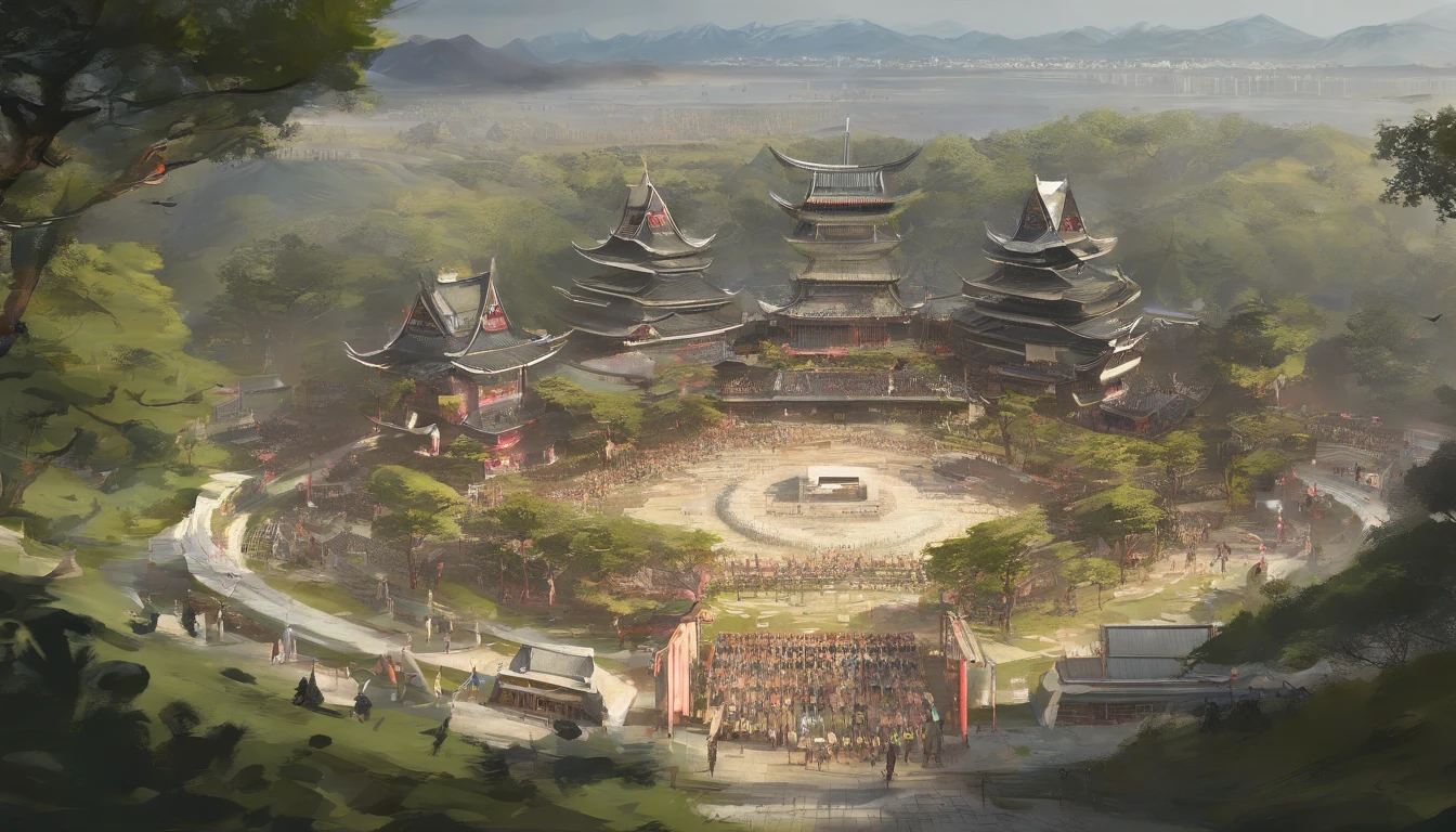 Best quality,Highly detailed,Masterpiece,Asian male,in a panoramic view,On the sports field,There are a lot of people,Bow and arrow competition,Archery competition,wearing a hanfu,Square face,Deep eyes,Beard