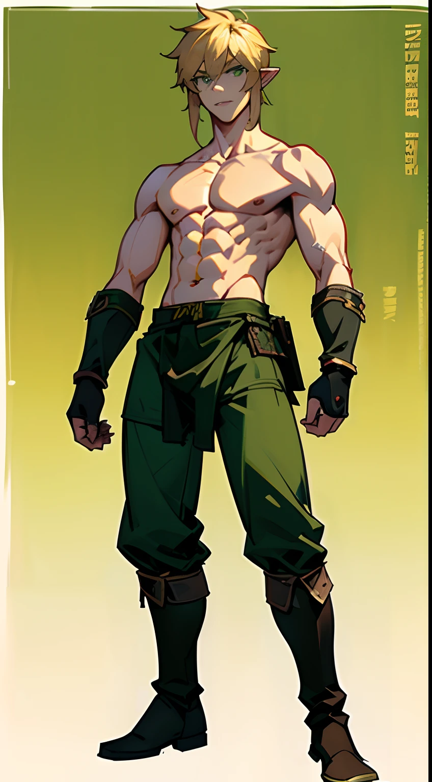 blond, tall, green-eyed guy, viking style, russian hero style, strong, anime style, anime , link, ( short gloves), standing, (topless:1.3), demigod , (muscular:0.3),(sport:0.2), (empty dojo),(smiling:0.5), (dominant),(evil:0.6)(confident)(sadistic)(adult:1.5)(masculine:1.2)(slender:0.5)(powerful)(looking at viewer)(pants)(beautiful eyes)(full body)(combat hiking boots)(detailed)