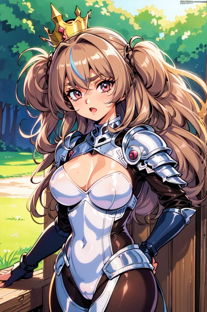 "(masterpiece:1.1), best quality,
1girl, (80s anime style:1.4), (eyelashes:1.5),
(intricate high detailed body:1.2),
brown hair,
(hair over one eye:1.1),(long hair, twin bun:1.1), (crown:1.2),
red eyes, (thick eyebrows:1.1),
(tan skin:1.3), (medium breasts:1.1),
expressionless, open mouth,
(see-through lace body suit armor, cleavage cutout:1.2), (pantyhose:1.1),
(knight armor, armored boots:1.2), (frill:1.1), (streaked hair:1.2), sleeve,
standing, arms behind back,
(upper body, looking at viewer, from front:1.1),
(daytime, grassland, outdoors:1.1)"