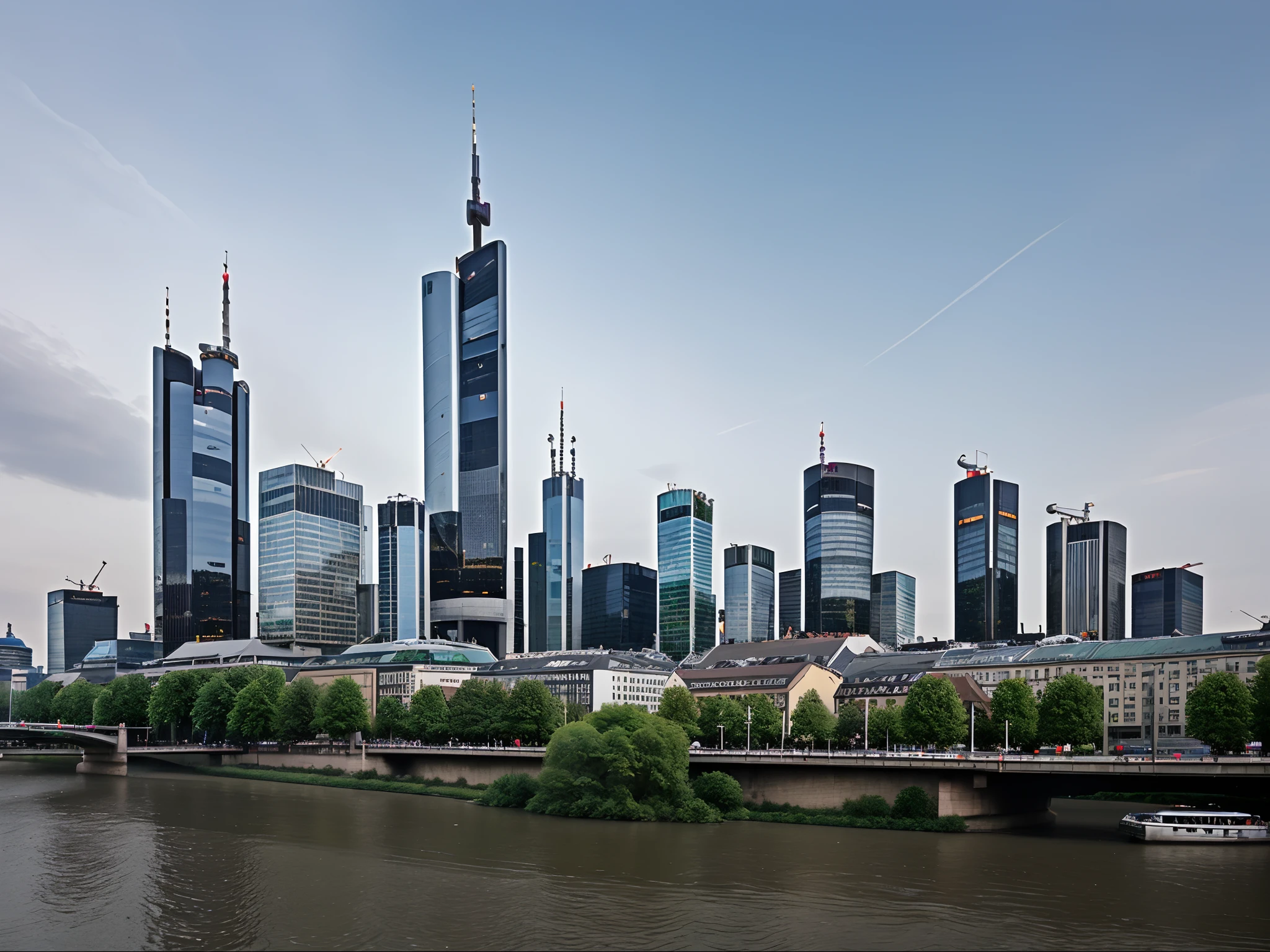Frankfurt, Germany: The Main Tower and a cluster of modern skyscrapers present a financial hub skyline along the River Main.