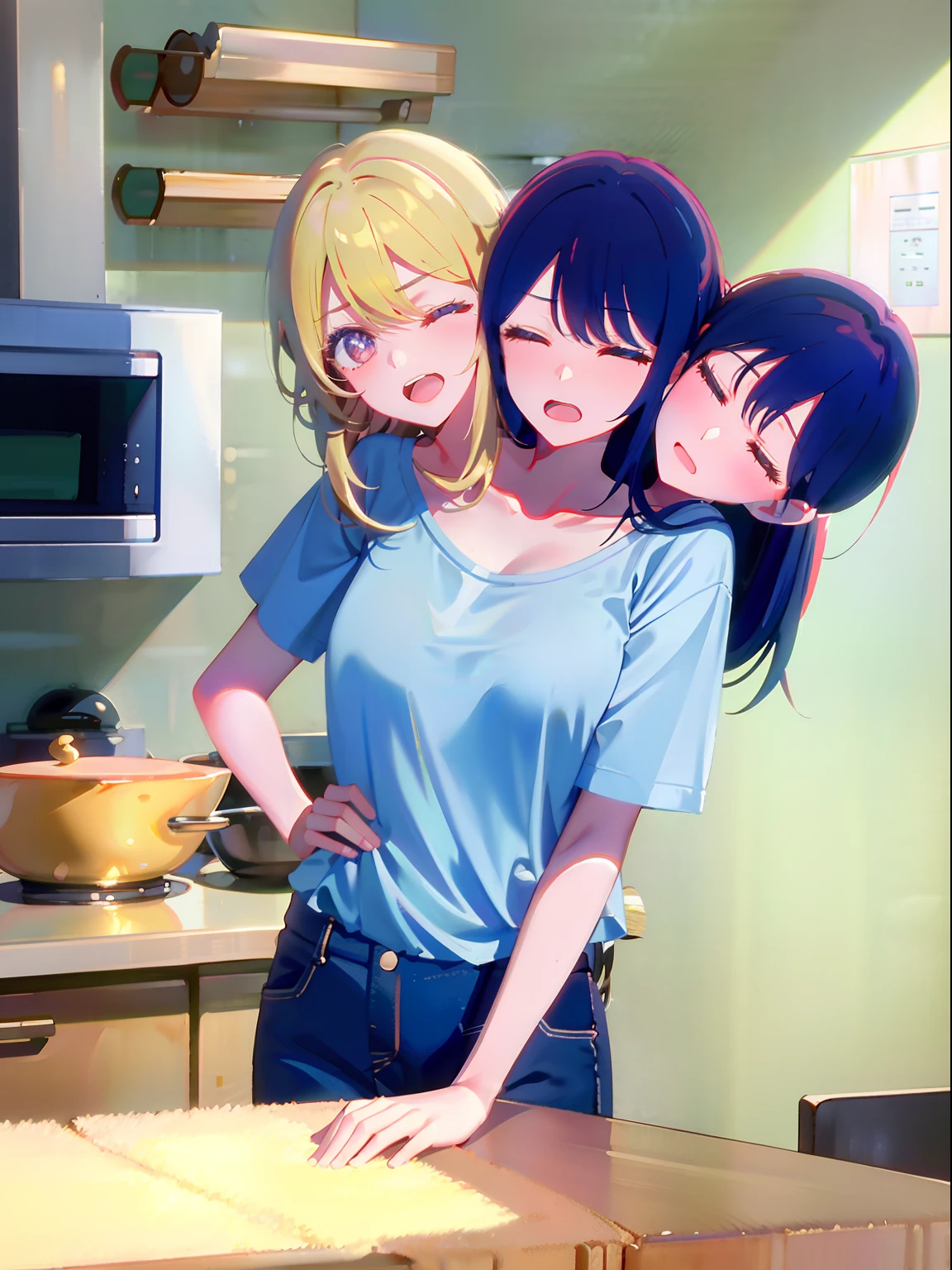 (masterpiece, best quality), best resolution, (3heads:1.5), 1girl, hoshino ai character, weary, headache, hangover, one head kissing another, heads tilted in towards each other, in pain, dizzy, blond hair, brown eyes, one eye closed, open mouth, light blue t-shirt, tan pants, hand on forehead, apartment kitchen