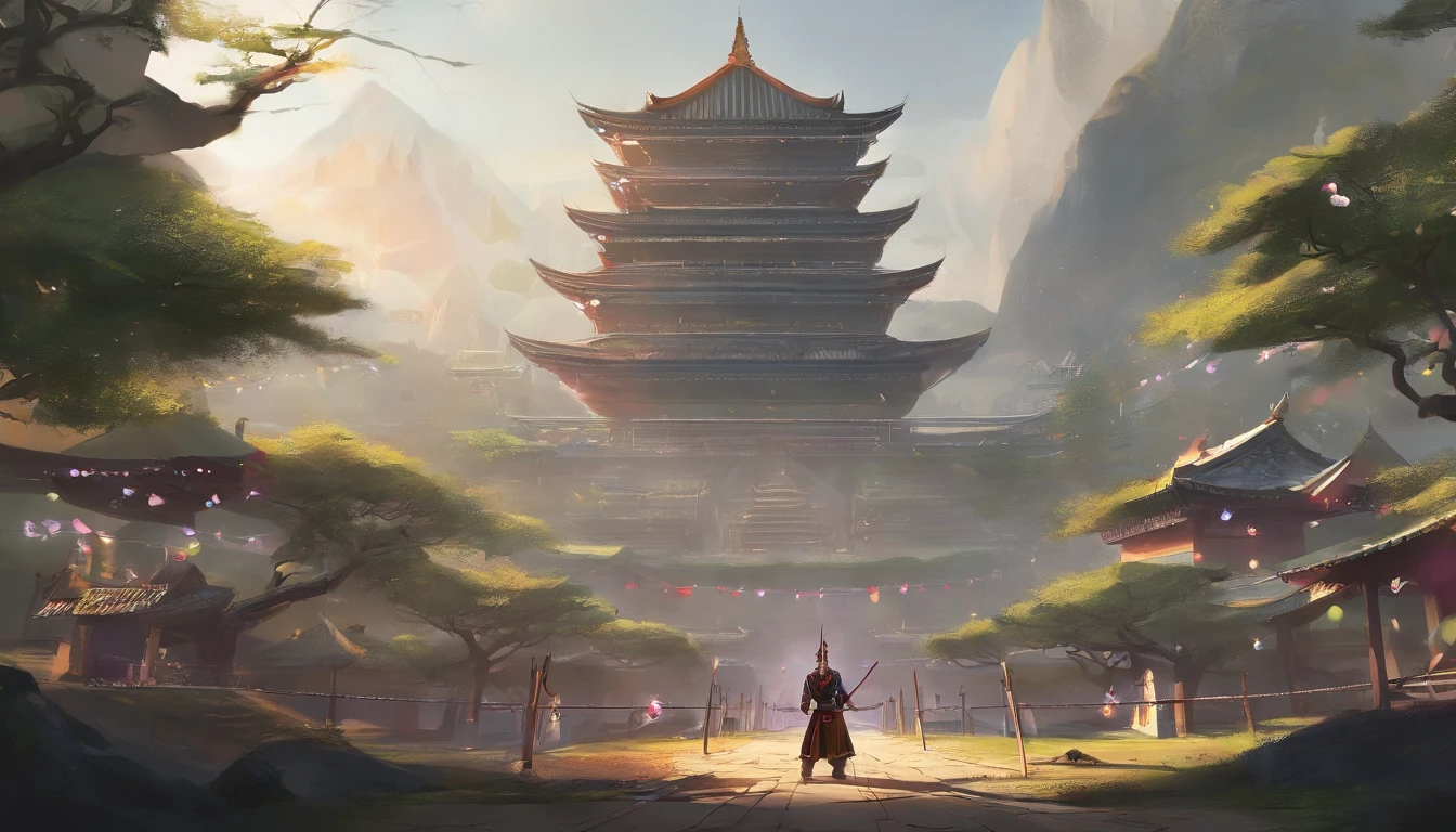 Best quality,Highly detailed,Masterpiece,Asian male,in a panoramic view,On the sports field,There are a lot of people,Bow and arrow competition,Archery competition,wearing a hanfu,Square face,Deep eyes,Beard