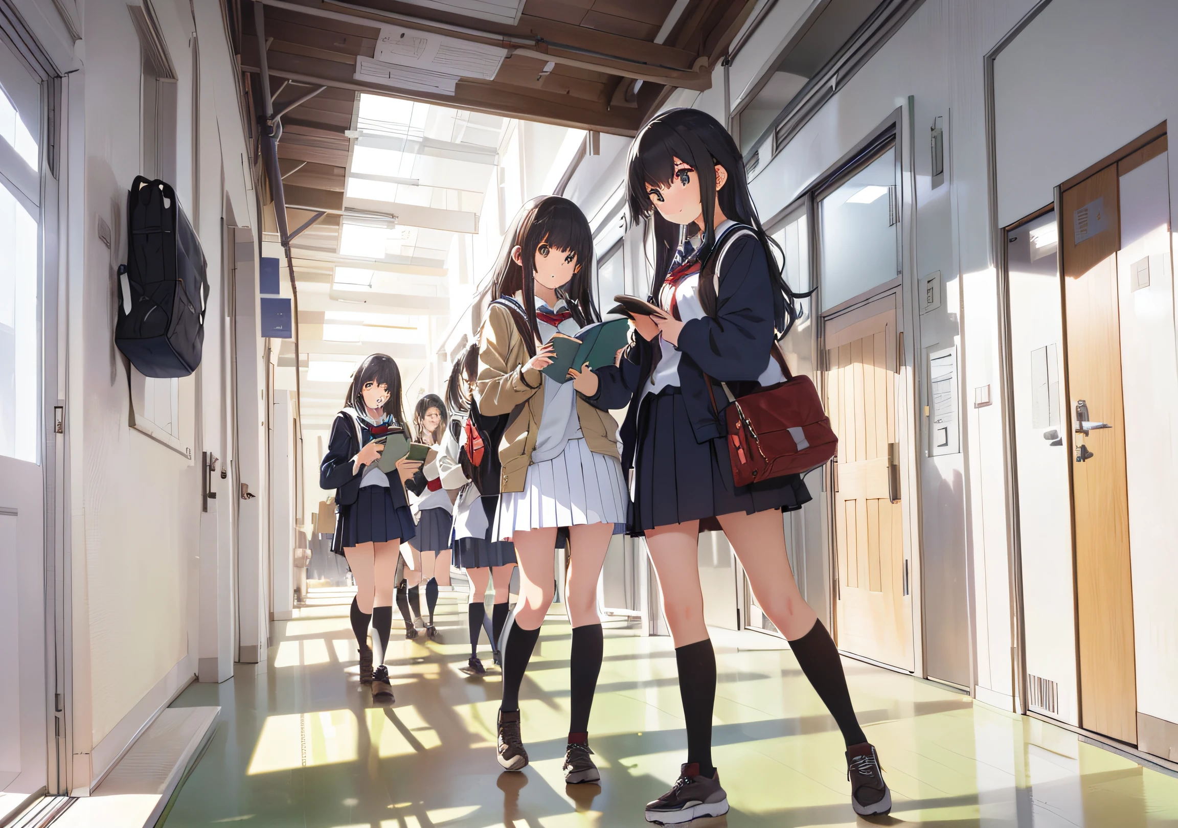 pupils，Students holding books in the hallway，highly realistic concept art