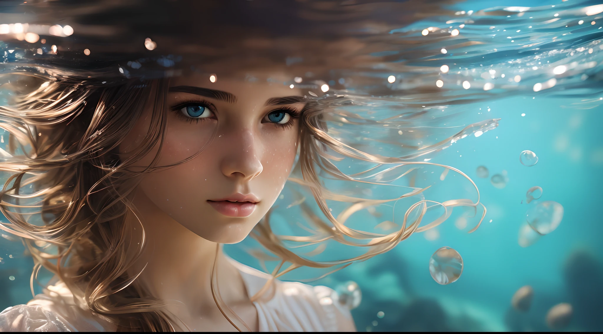 masterpiece, best quality, beautiful young girl, medium shot, detailed face and eyes, dress, underwater hair physics, air bubbles, light coming through water, solo focus, depth of field, ambient lighting, atmospheric, intricate details, soft light, artstation