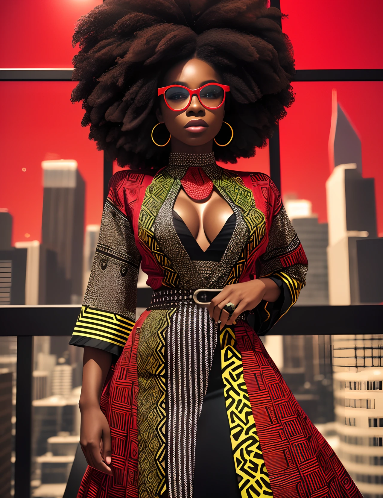 Wide angle shot of a Beautiful black woman with coloured curly hair and dressed in African designed high fashion  clothes, standing in a high fashion model pose in a cube glass room with red and green colours reflecting on the glasses,  whole scene in black and white with some red colour reminiscent of sin city the movie, light, photorealistic image, 32k, ultra HD, cinematic lighting --auto --s2