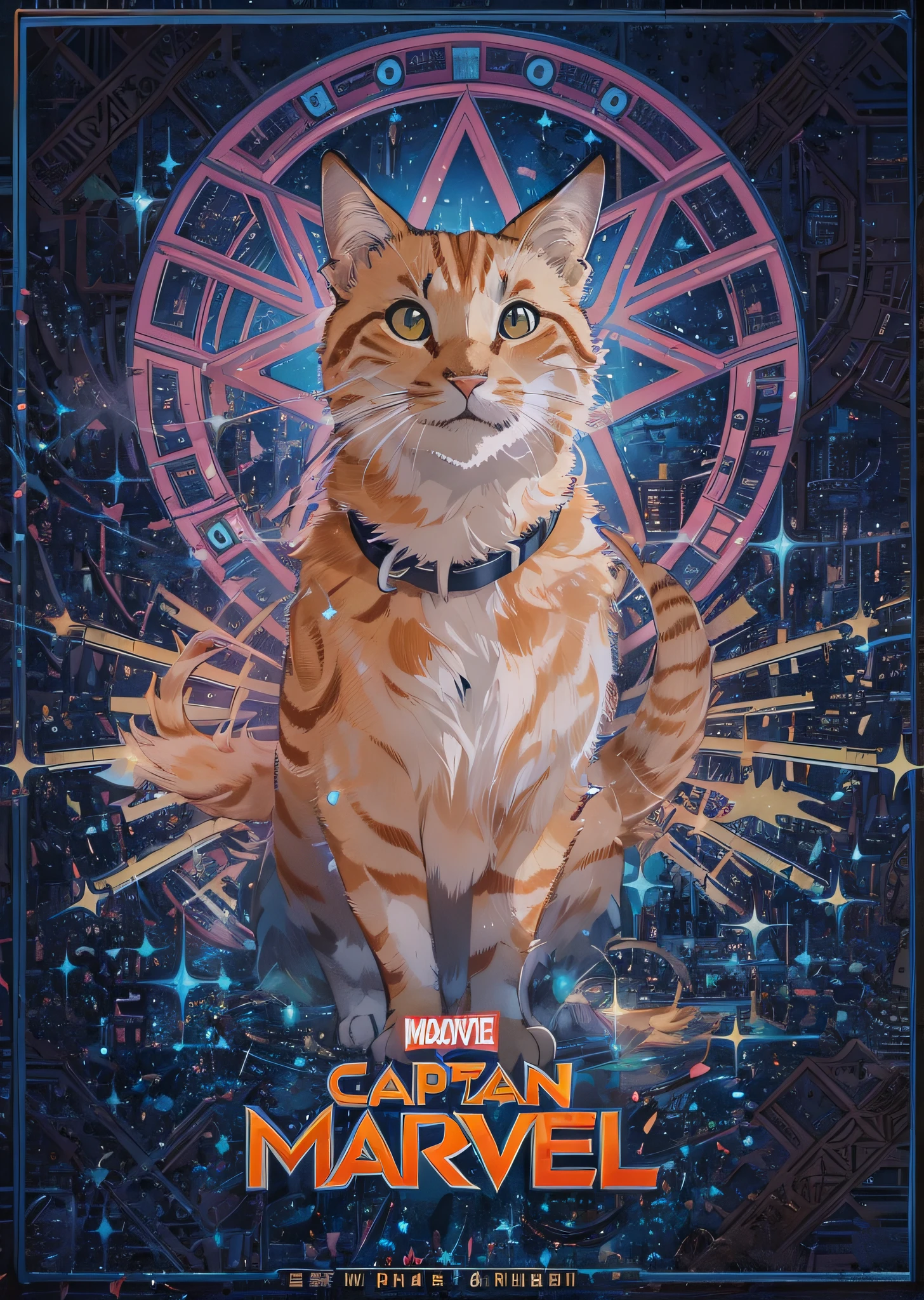 Movie Poster page of ginger cat with a collar and name tag saying goose, title saying "GOOSE" - a film poster of a Captain Marvel comics movie complete with credits