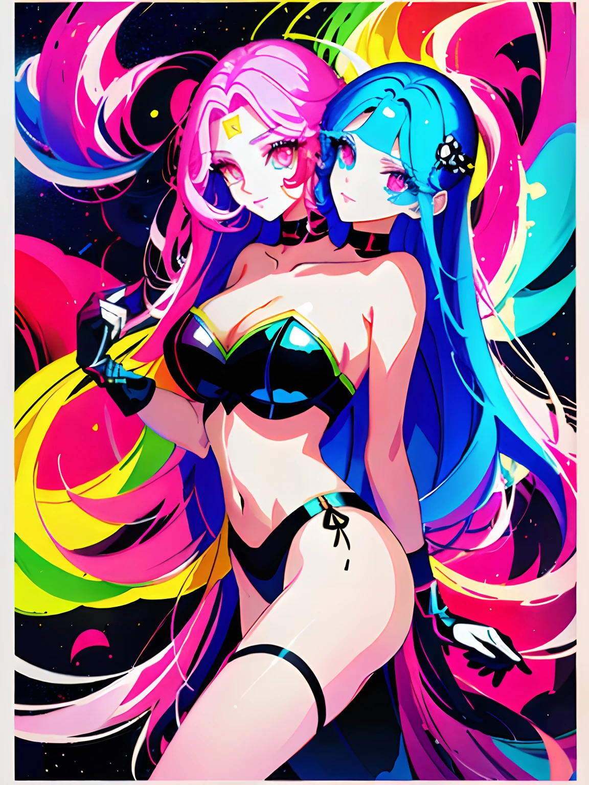(masterpiece, best quality), best resolution, (2heads:1.5), 1girl, Woman with long light hair and bright makeup, perfect clear face, perfect anatomy, painting of a, Vivid neon ink painting, Vibrant digital painting, Vibrant digital art, colorful art, art of alessandro pautasso, vibrant cartoon art, jen bartel, colorful digital art, Colorful paintings, Colorful Digital Painting, Hypercolor Digital Art, Vivid paintings, Full-color digital art, colourful drawing, vibrant fan art