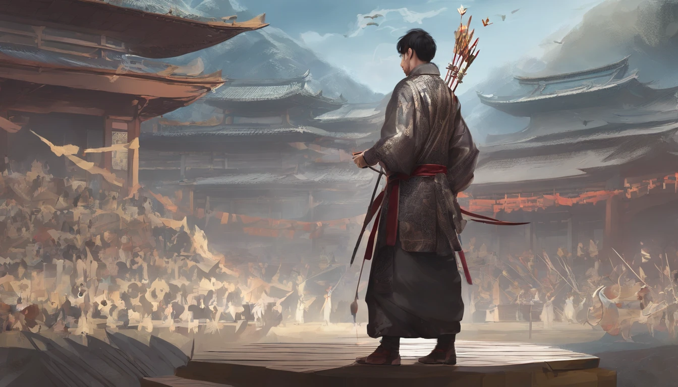 Best quality,Highly detailed,Masterpiece,Asian male,in a panoramic view,On the sports field,There are a lot of people,Bow and arrow competition,Archery competition,wearing a hanfu,Square face,Deep eyes,Beard
