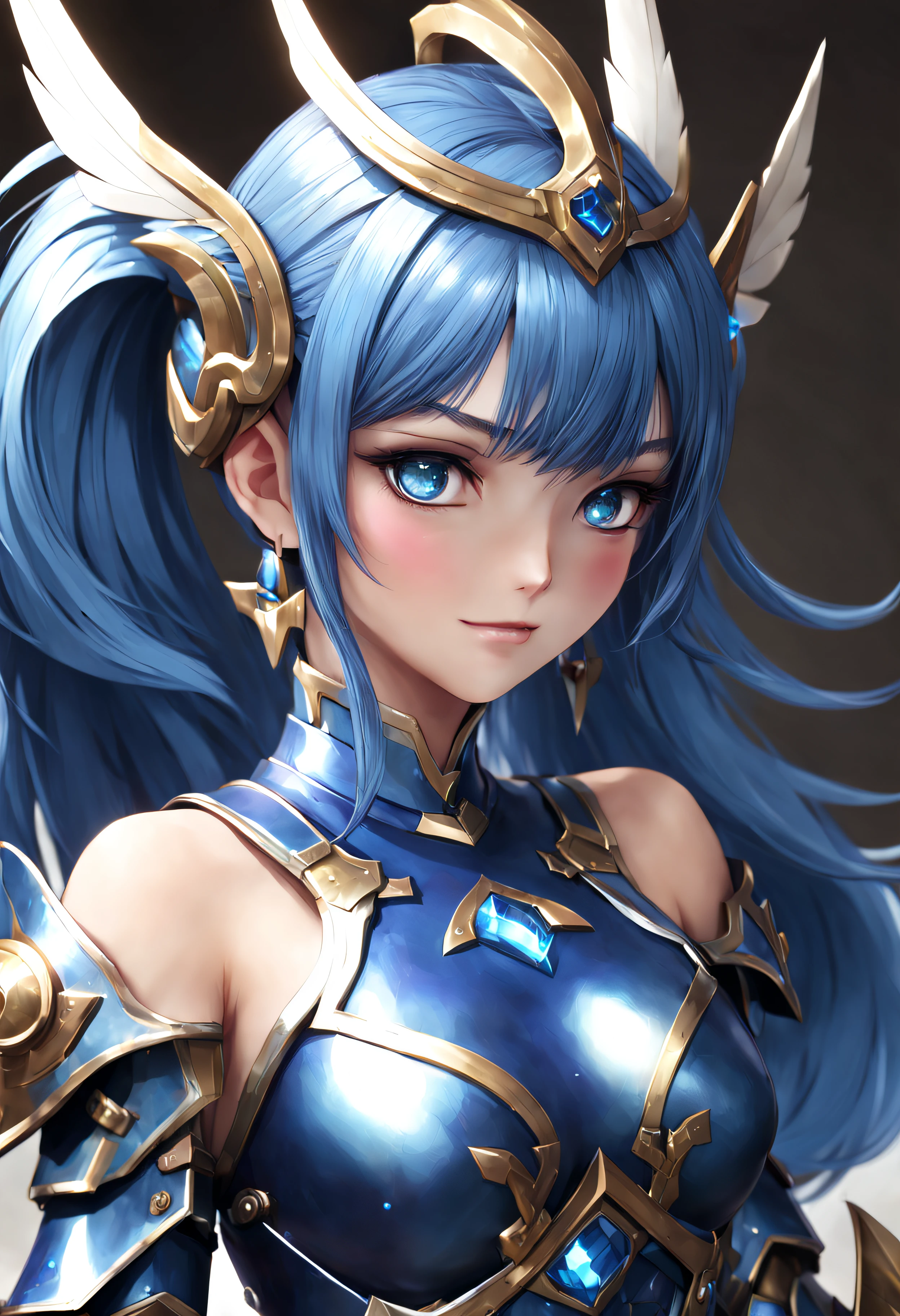 8K,Close-up of a woman in a blue and white dress、blue hairs, Super beauty,(Like the real thing)Blue eyes,poneyTail,Chengwei Pan on Artstation、 Yang J 作、 Detailed fantasy art、Stunning character art、 Fan Art Best Art Station、 Magnificent exquisite character art、 Beautiful armor、Highly detailed Artgerm、 Detailed Digital Animation Art、 Artgerm on ArtStation Pixiv、 Girl in Armor,dynamic ungle,超A high resolution,a smile,real looking skin,enticing,A sexy,Active,