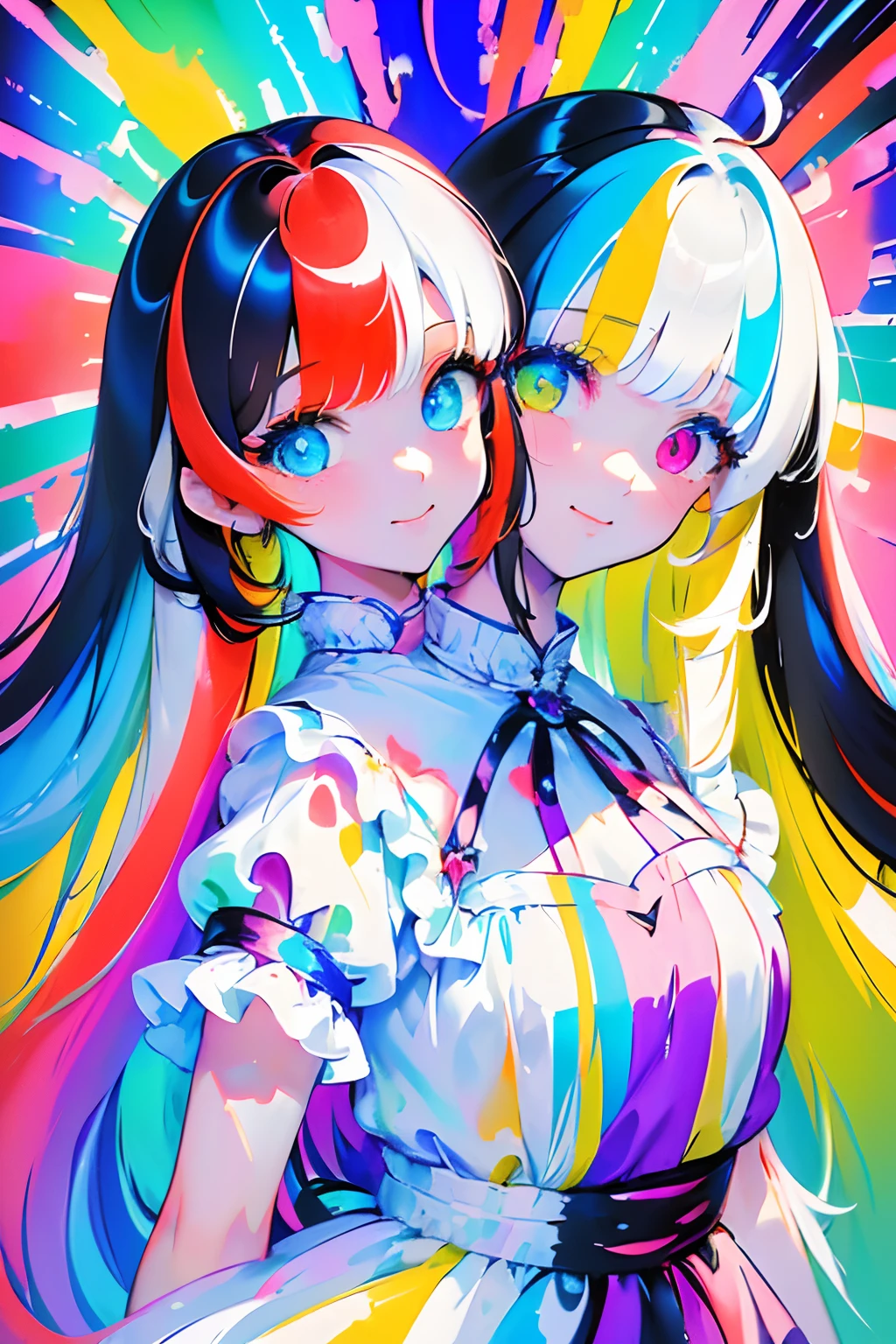 masterpiece, best quality), best resolution, (2heads:1.5), 1girl, young girl, 2 heads on one body, fused necks, long hair, bangs, twin tail, side tail, (Heterochromia), wearing a white dress, smiling, ((detail face)), ((close up)), colorful background, (colorful), (many colors)