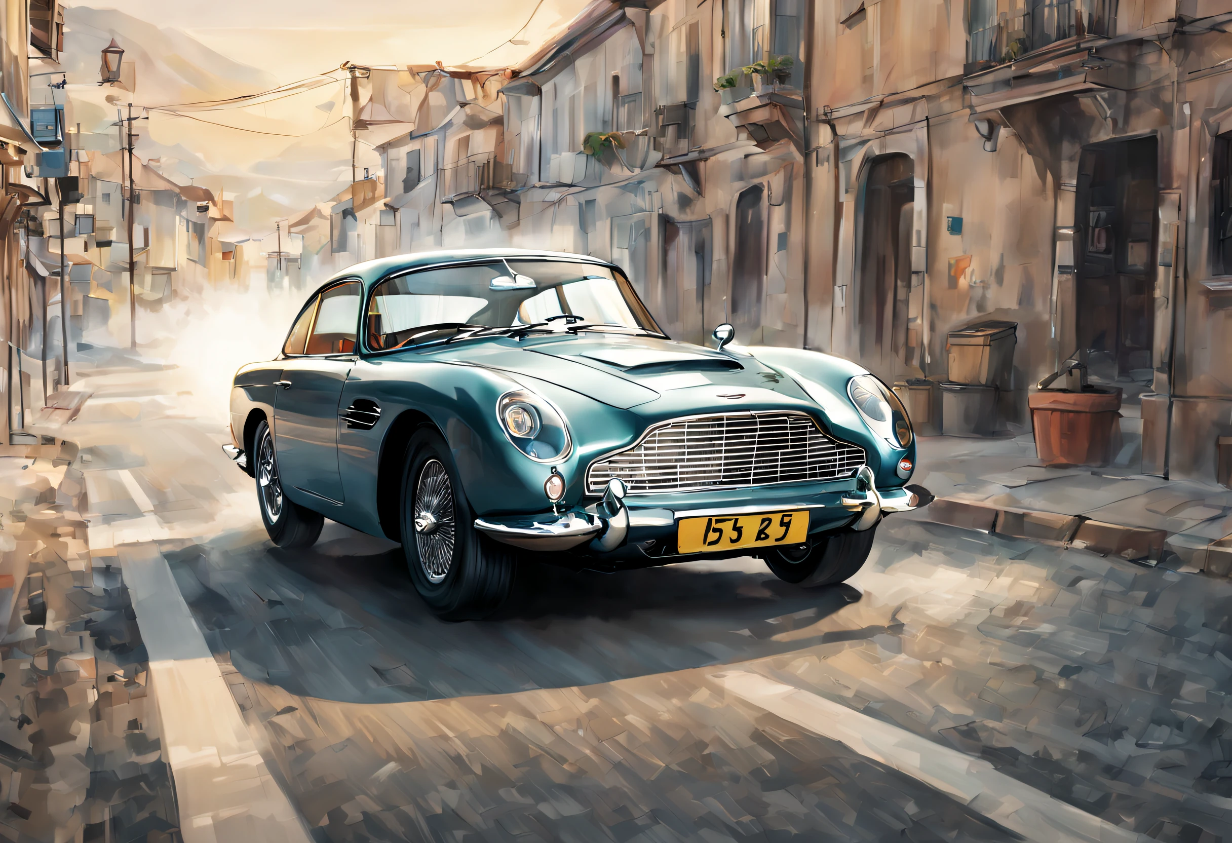 (Aston Martin Db5:1.1, driving on a road:1.1, manga-style drawing, realistic:1.2, distant view, vivid colors, sharp focus, professional, landscape, concept artists, vibrant colors, dynamic composition, hazy atmosphere, studio lighting)