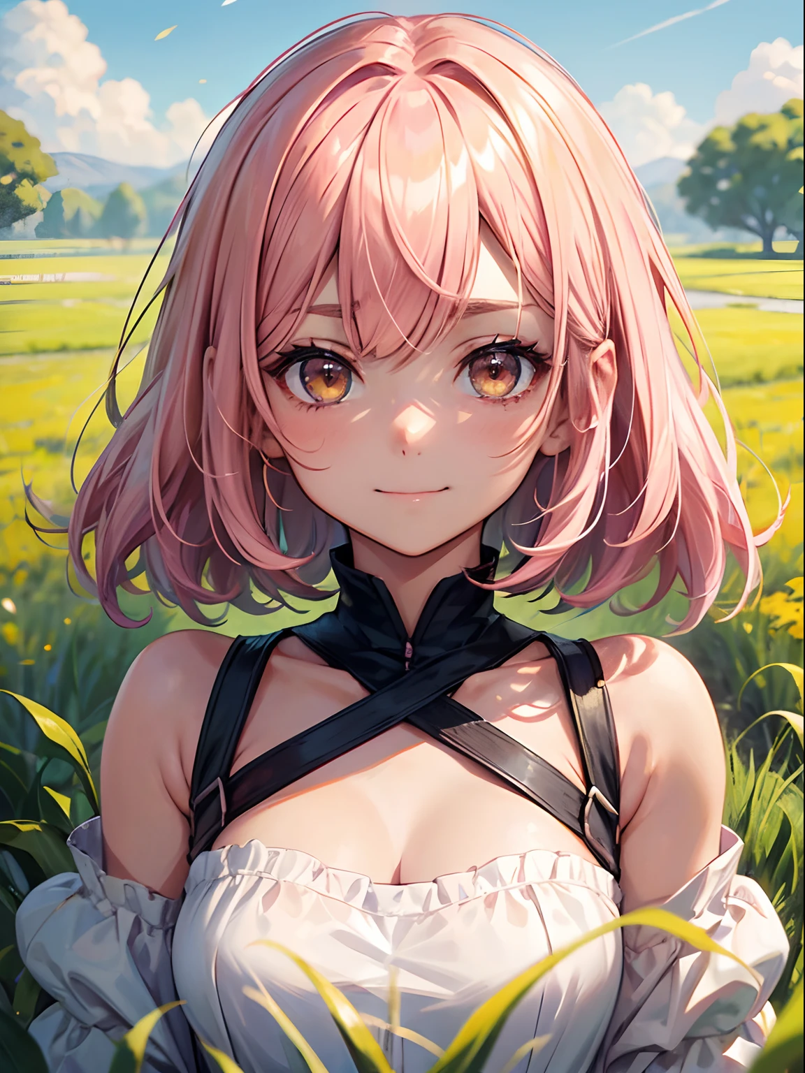 ((Seductive Anime Girl:1.3, solo:1.5))、((teenage girl:1.2))、((fusion of rabbit and girl:1.4))、((Running:1.3, ))、((happy smile:1.3))、energetic、((pink color, leather clothes))、((Being in grassland:1.3)), erect nipples、((open clothes:1.2))、((crop top navel:1.2))、((small breasts))、((sleeveless:1.2))、((Glossy realistic skin texture))、masterpiece, ultra-detailliert, 8k, hiquality, Top image quality, digitial illustration, Smooth texture