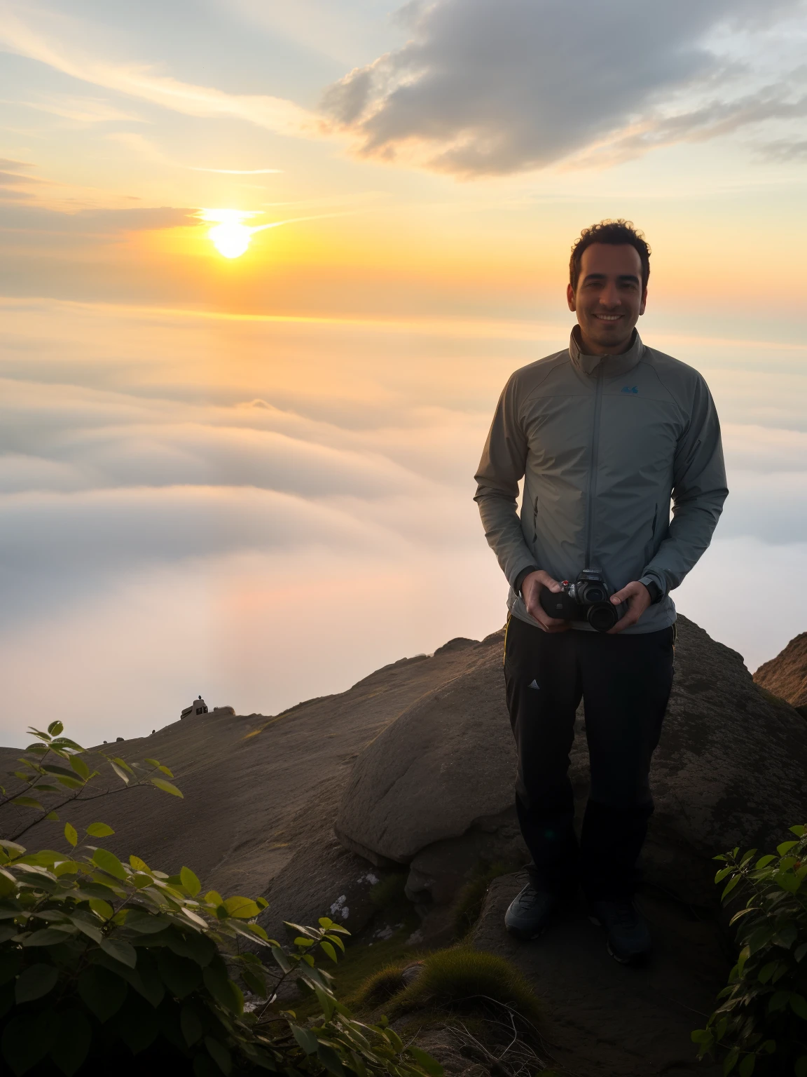 arafed man standing on a mountain with a camera in his hand, at sunrise, at sunset, standing on top of a mountain, on the top of a mountain, during sunrise, on top of a mountain, standing on mountain, at the top of a mountain, standing on a mountain top, at the sunset, during sunset, awarding winning, reddit post