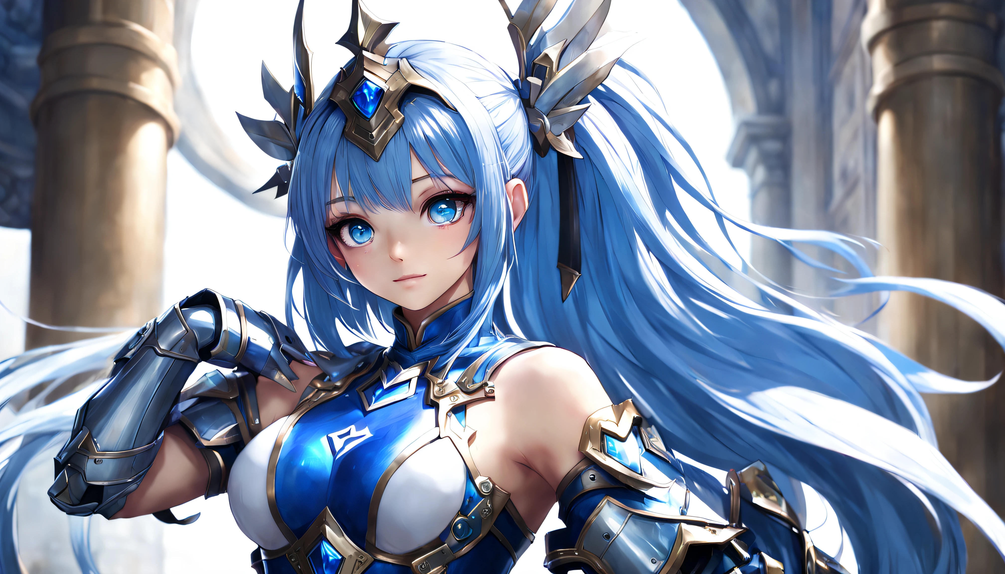 8K,Close-up of a woman in a blue and white dress、blue hairs, Super beauty,(Like the real thing)Blue eyes,poneyTail,Chengwei Pan on Artstation、 Yang J 作、 Detailed fantasy art、Stunning character art、 Fan Art Best Art Station、 Magnificent exquisite character art、 Beautiful armor、Highly detailed Artgerm、 Detailed Digital Animation Art、 Artgerm on ArtStation Pixiv、 Girl in Armor,dynamic ungle,超A high resolution,a smile,real looking skin,enticing,A sexy,Active,