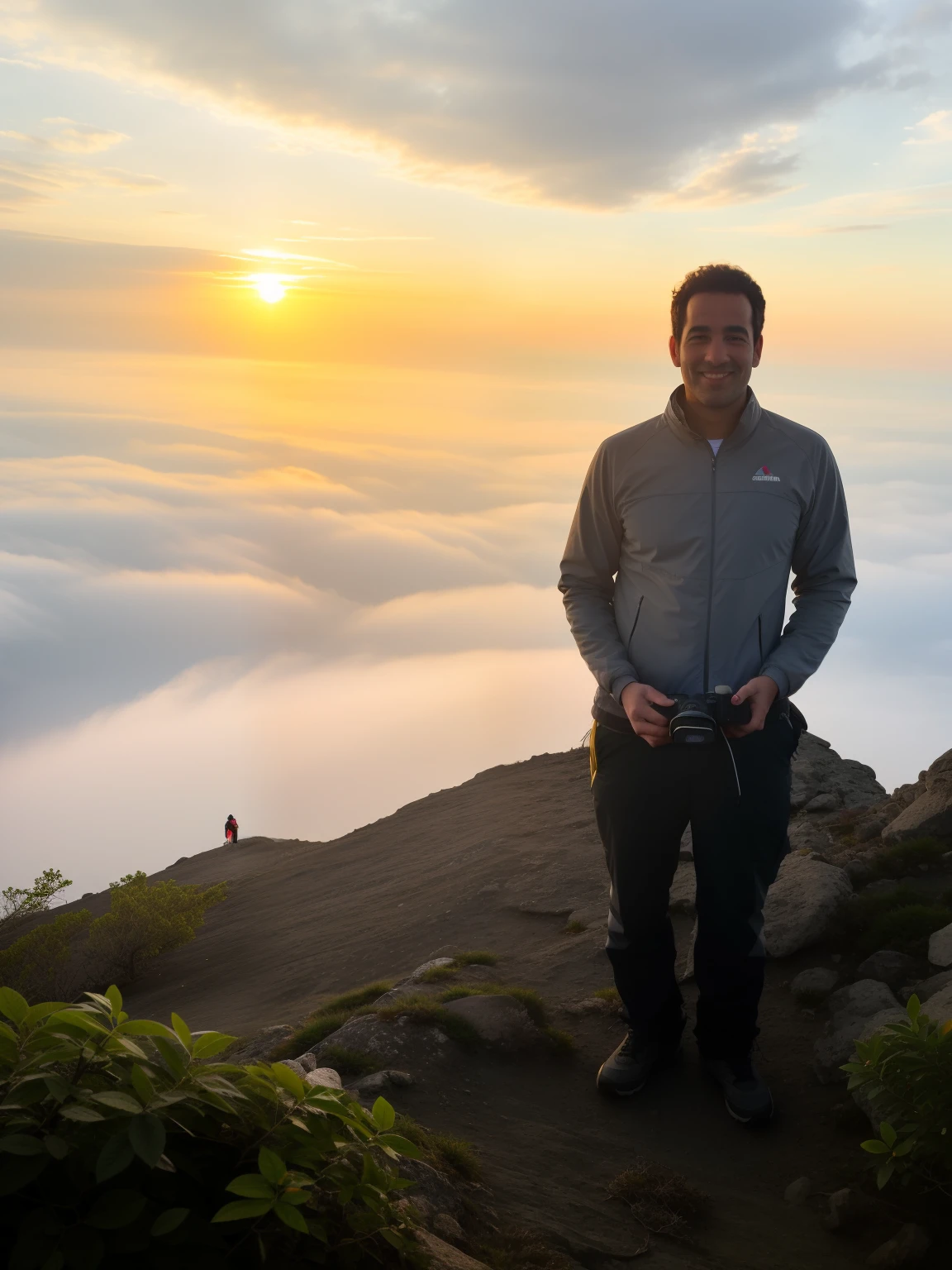 arafed man standing on a mountain with a camera in his hand, at sunrise, at sunset, standing on top of a mountain, on the top of a mountain, during sunrise, on top of a mountain, standing on mountain, at the top of a mountain, standing on a mountain top, at the sunset, during sunset, awarding winning, reddit post