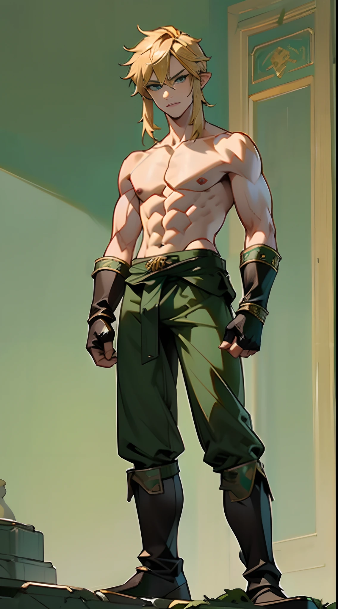 blond, tall, green-eyed guy, viking style, russian hero style, strong, anime style, anime , link, ( short gloves), standing, (topless:1.3), demigod , (muscular:0.3),(sport:0.2), (empty dojo),(smiling:0.5), (dominant),(evil:0.6)(confident)(sadistic)(adult:1.5)(masculine:1.2)(slender:0.5)(powerful)(looking at viewer)(pants)(beautiful eyes)(full body)(combat hiking boots)(detailed)