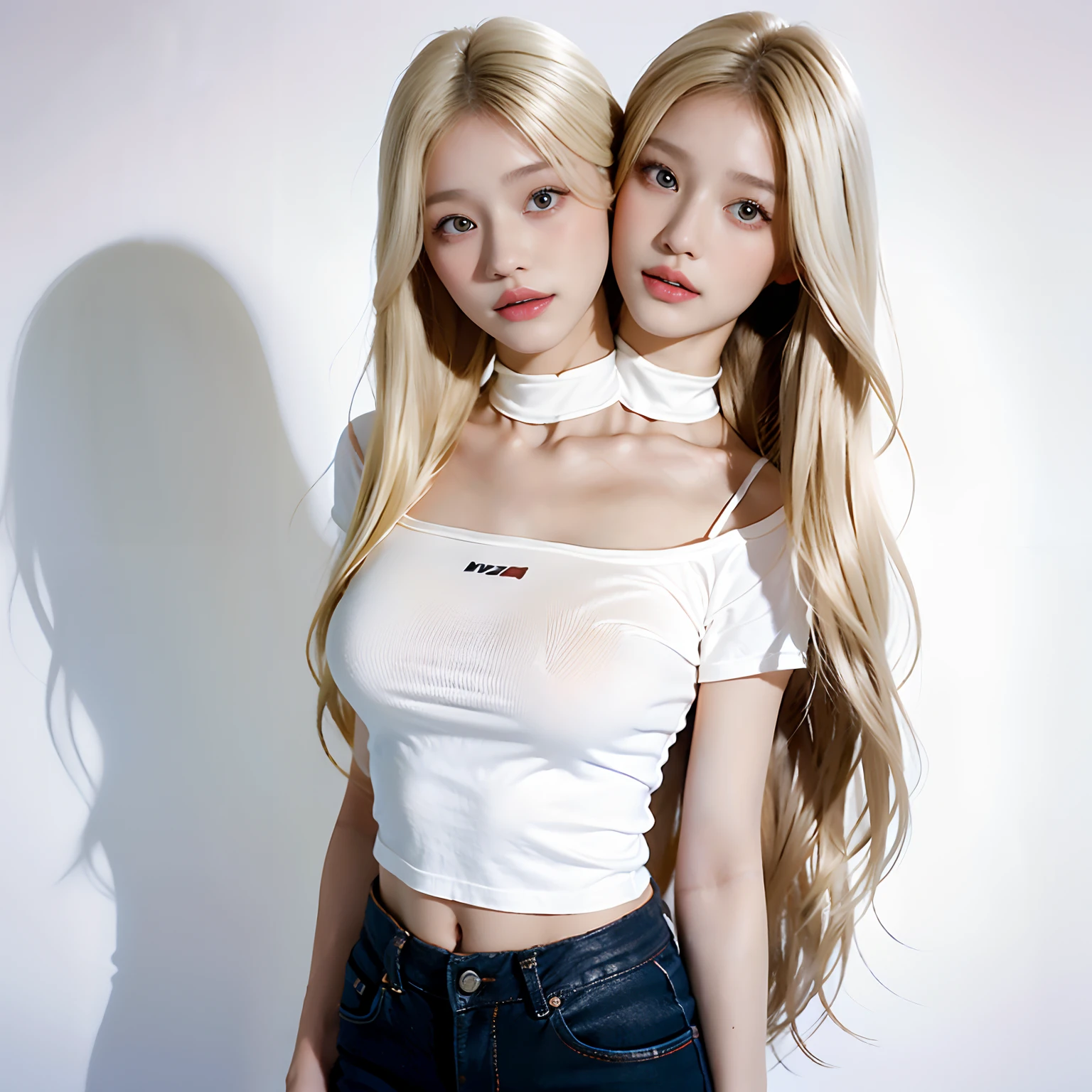 (best quality, half-body shot, 2heads, girl with two heads, blonde,  chokers,  very long hair,   different hair colours, different faces, t-shirt, white pants,  indoor background)