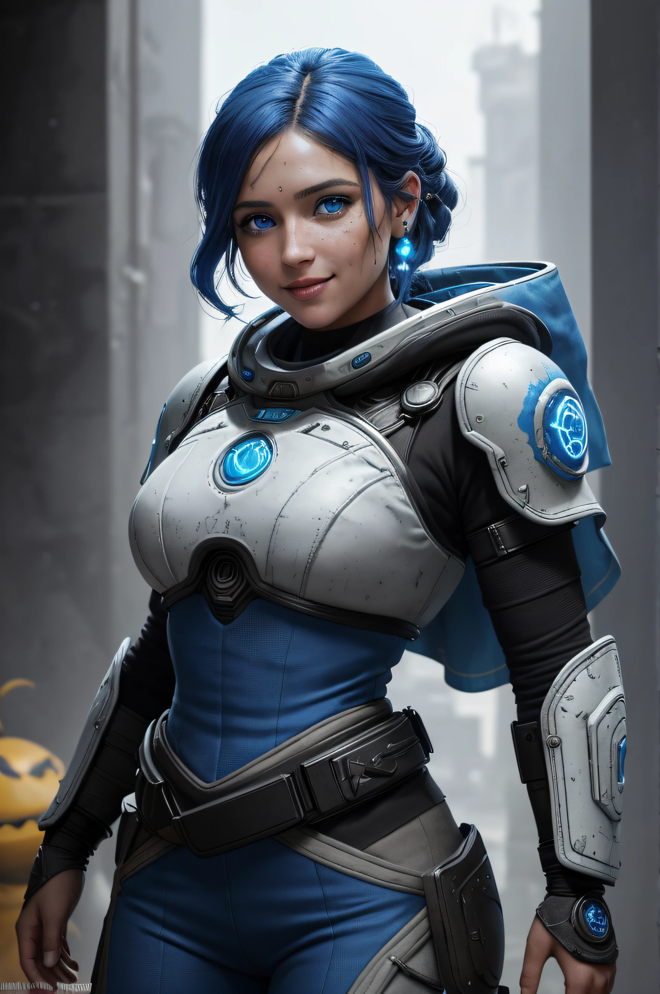 imagen cinematografica, chica sueca, gerrera, bellisima, cuerpo completo, superalta resolucion, pose dinamica, ojos de color azul brillante, iluminacion de la hora dorada, vestida al estilo gears of war con traje sexy con minifaldas, Anime heroine, sonrisa suave, auriculares de casco, en un ambiente futurista.(intrincados detalles de la maquina), nitidez maxima,calidad imagen 8k.