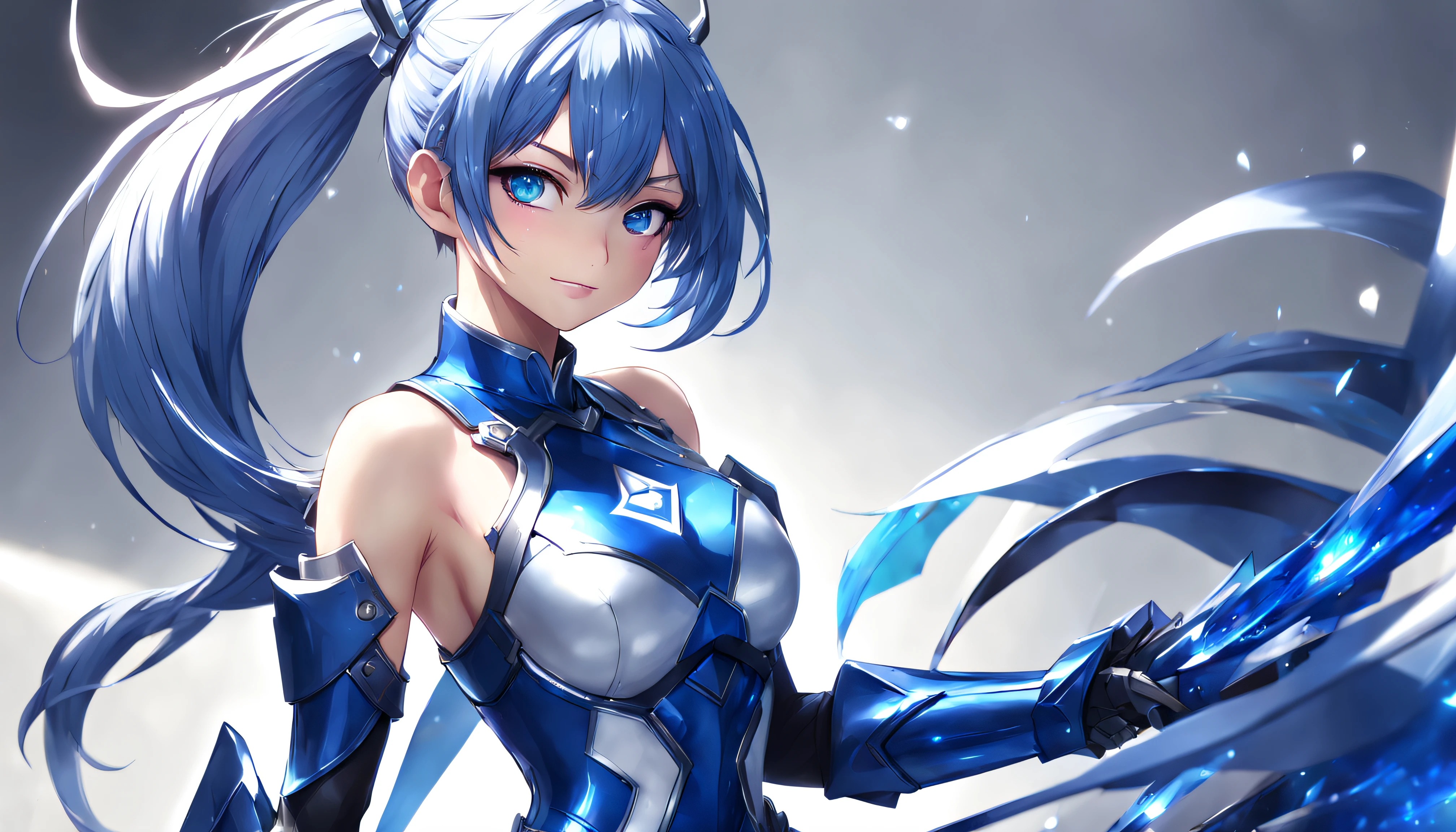8K,Close-up of a woman in a blue and white dress、blue hairs, Super beauty,(Like the real thing)Blue eyes,poneyTail,Chengwei Pan on Artstation、 Yang J 作、 Detailed fantasy art、Stunning character art、 Fan Art Best Art Station、 Magnificent exquisite character art、 Beautiful armor、Highly detailed Artgerm、 Detailed Digital Animation Art、 Artgerm on ArtStation Pixiv、 Girl in Armor,dynamic ungle,超A high resolution,a smile,real looking skin,enticing,A sexy,Active,