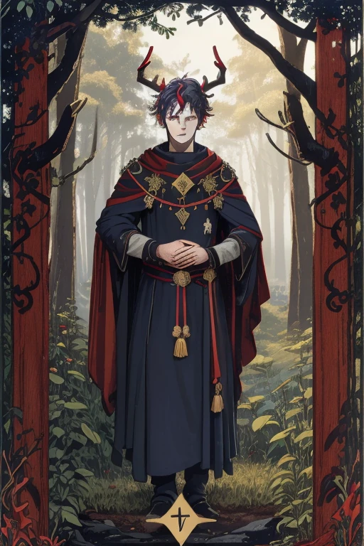 Tarot cards, Detailed juvenile male with red skin,navy blue hair, Two thin horns,Dressed as a druid,illustartion,Realistic,Harmonious colours,natural lighting,Forest setting