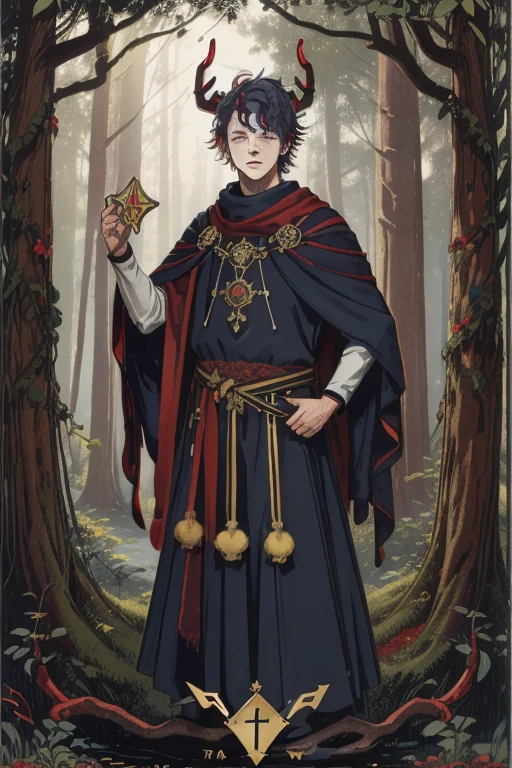 Tarot cards, Detailed juvenile male with red skin,navy blue hair, Two thin horns,Dressed as a druid,illustartion,Realistic,Harmonious colours,natural lighting,Forest setting