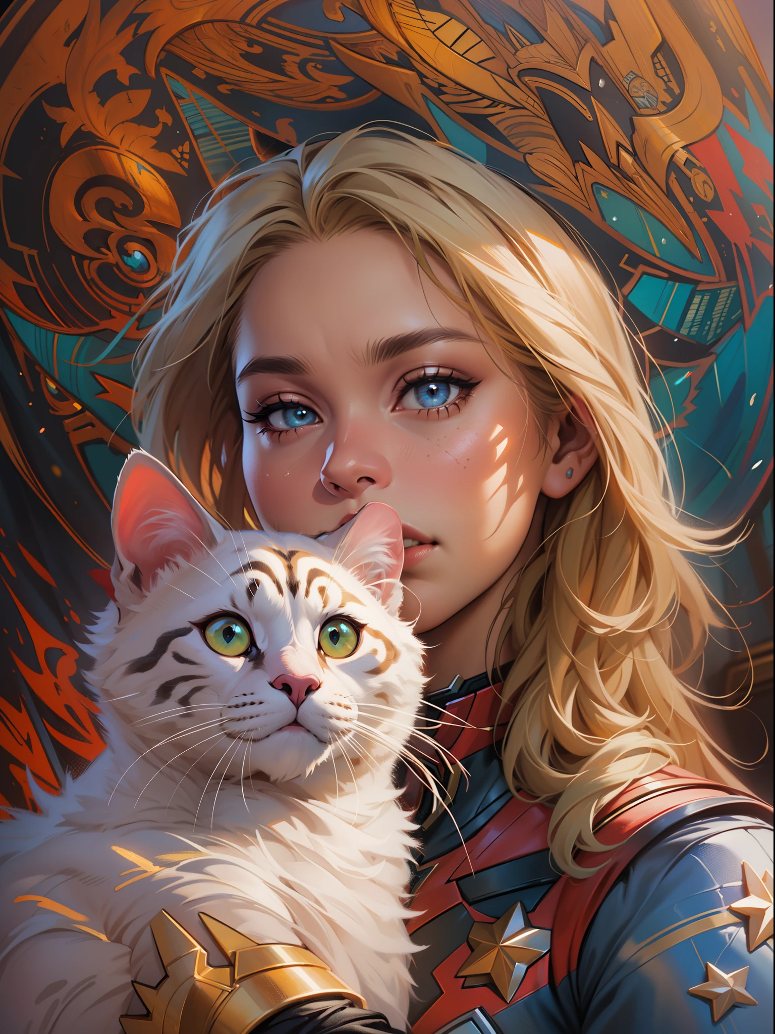 A girl with a marvel goose cat, beautiful detailed eyes and lips, medium: oil painting, detailed colorful, vibrant colors, natural lighting, highres, vivid plumage, Marvel cinematic universe wiki, magical atmosphere, goose style captain marvel's Fluffy cat