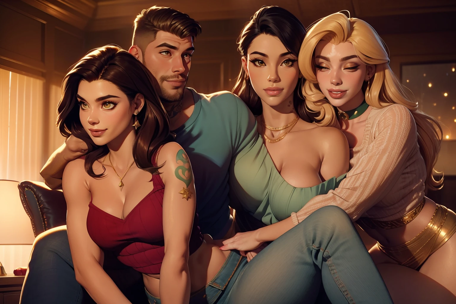 One Handsome Chad hugging three beautiful bitches tackling him and touching him, dressed in Christmas-colored sweaters and buttoned-shirts and skirts and jeans, perfect sexy bodies, racially diverse skin tones, women: beautifully-textured long flowing wavy hair, women: clothes revealing cleavage shoulder midriff collar bone, seductive, materials, golden hour, , jewelry, golden hour, photorealistic, masterpiece, in love, grins, perfect faces, Flirtatious, setting: a living room sofa, Christmas decorations, harem, watercolor, cinematic 8k professional photograph with raytracing and subsurface scattering and backlighting, tattoos