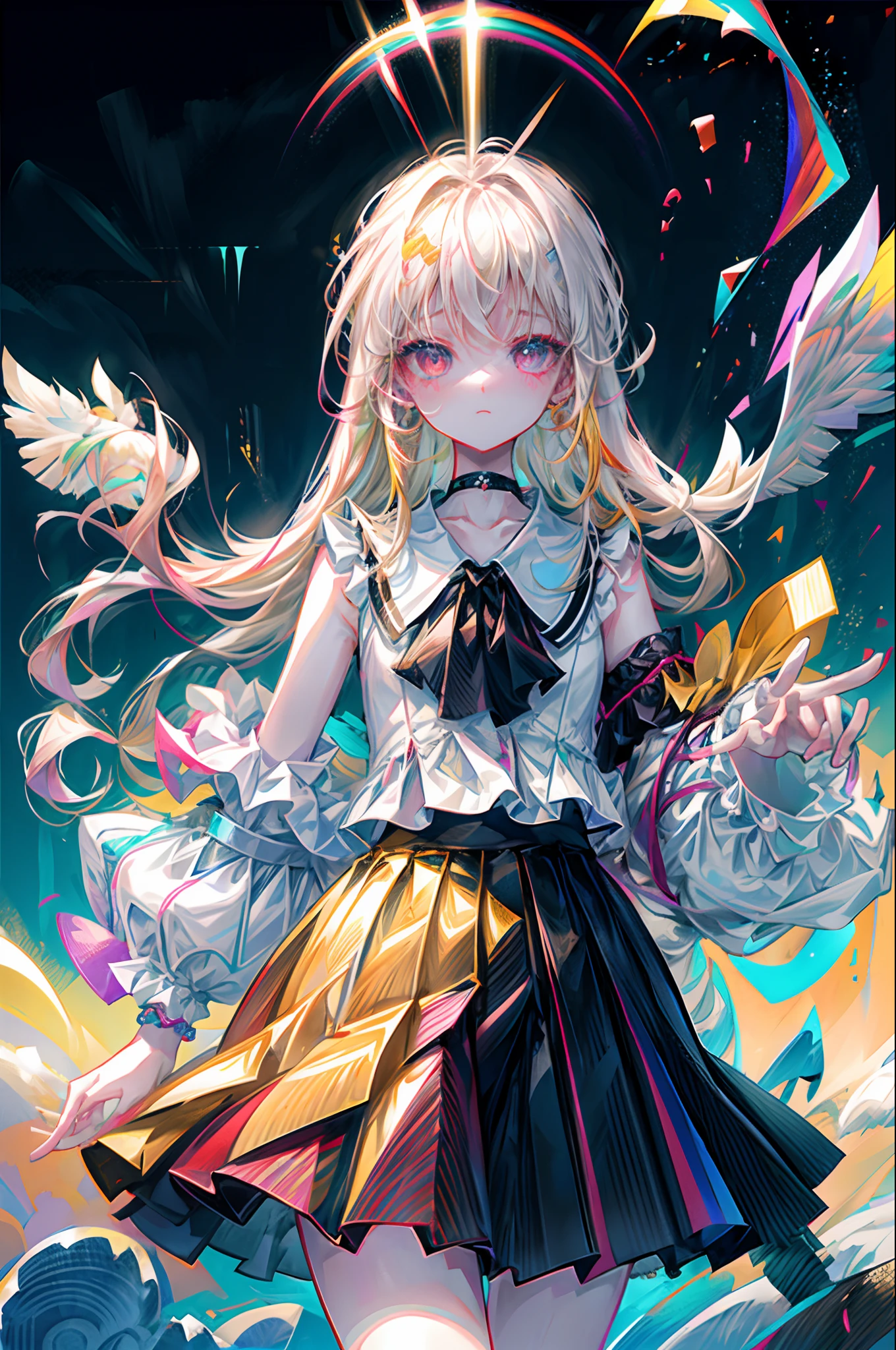 Rainbow on background、Irridescent color、colourfull、top-quality、超A high resolution、(Photorealsitic:1.4)、Female 1 Person、Sleeveless white buttoned shirt、Black skirt、Black Choker、cute little、(Kpop Idle)、(attractiveness:1)、(Platinum Blonde Hair:1)、((Puffy eyes))、Look at the viewer、full body Esbian、Facing the front