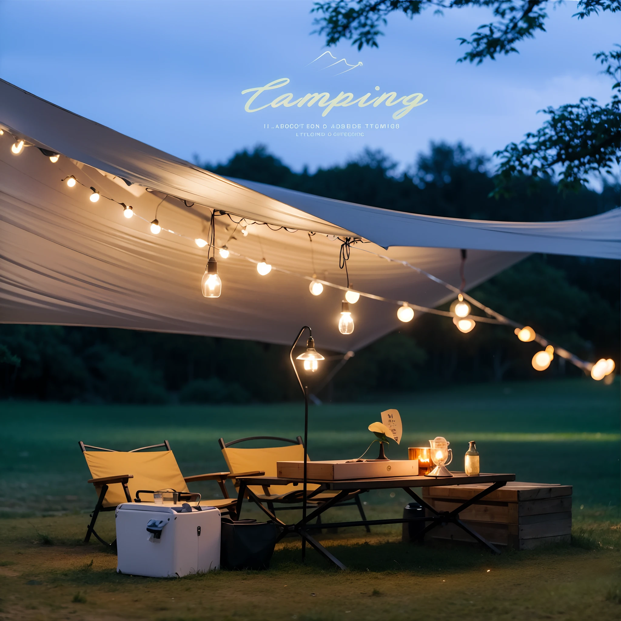 There is a table with chairs and a table with lights, glamping, camping, summer lighting, outdoors lighting, Softly filtered outdoor lighting, Cafe lighting, summer setting, warm lantern lighting, Soft outdoor lighting, brightly lit - style atmosphere, Comfortable lighting, String Light, paisible night lighting, Ambiance Lighting, outdoors lighting, Pleasant lighting