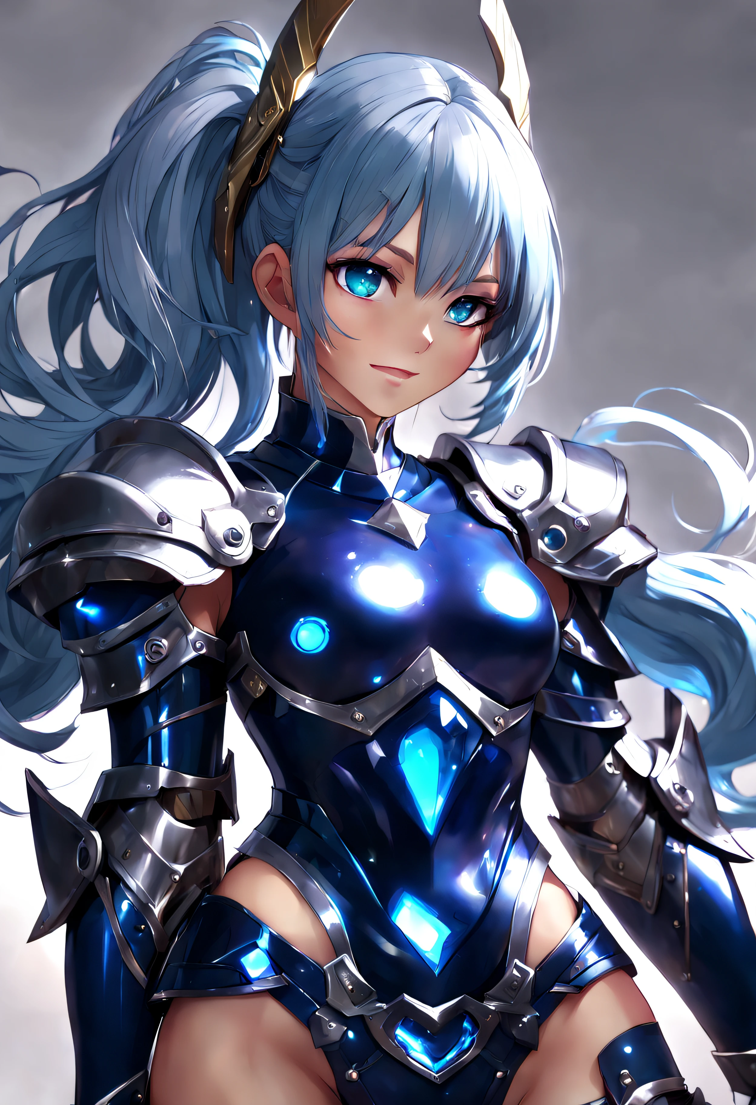 8K,Close-up of a woman in a blue and white dress、blue hairs, Super beauty,(Like the real thing)Blue eyes,poneyTail,Chengwei Pan on Artstation、 Yang J 作、 Detailed fantasy art、Stunning character art、 Fan Art Best Art Station、 Magnificent exquisite character art、 Beautiful armor、Highly detailed Artgerm、 Detailed Digital Animation Art、 Artgerm on ArtStation Pixiv、 Girl in Armor,dynamic ungle,超A high resolution,a smile,real looking skin,enticing,A sexy,Active,