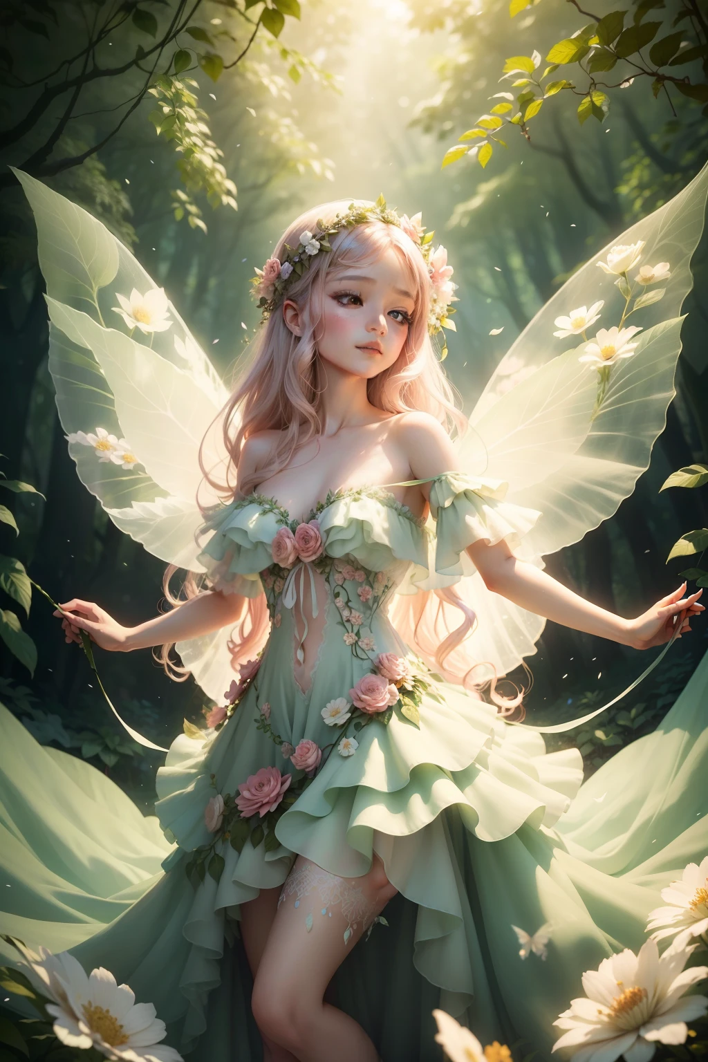 Flower fairy as the center of a whimsical forest scene where vibrant flowers and lush greenery create a magical backdrop. Flower Fairy, Delicate and ethereal existence, florals々Hovering gracefully in, Her gossamer wings twinkling in the dappled sunlight. She wears a gown woven with petals and leaves, Decorated with intricate floral patterns that reflect her surroundings.
