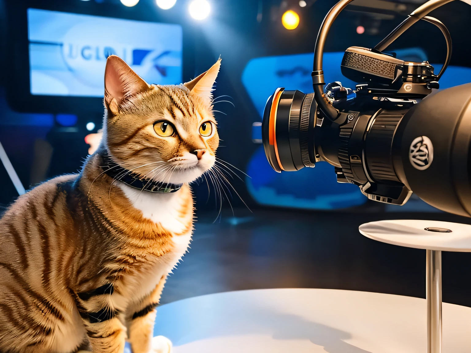 Goose is a cat character from the movie Captain Marvel, Goose is a yellow and orange tabby cat wearing a black collar with a round metal tag, Marvel and Goose are appearing on a show together in a luxurious TV studio, (Masterpiece), (Best Quality), (Ultra high Detailes), [black collar:19]