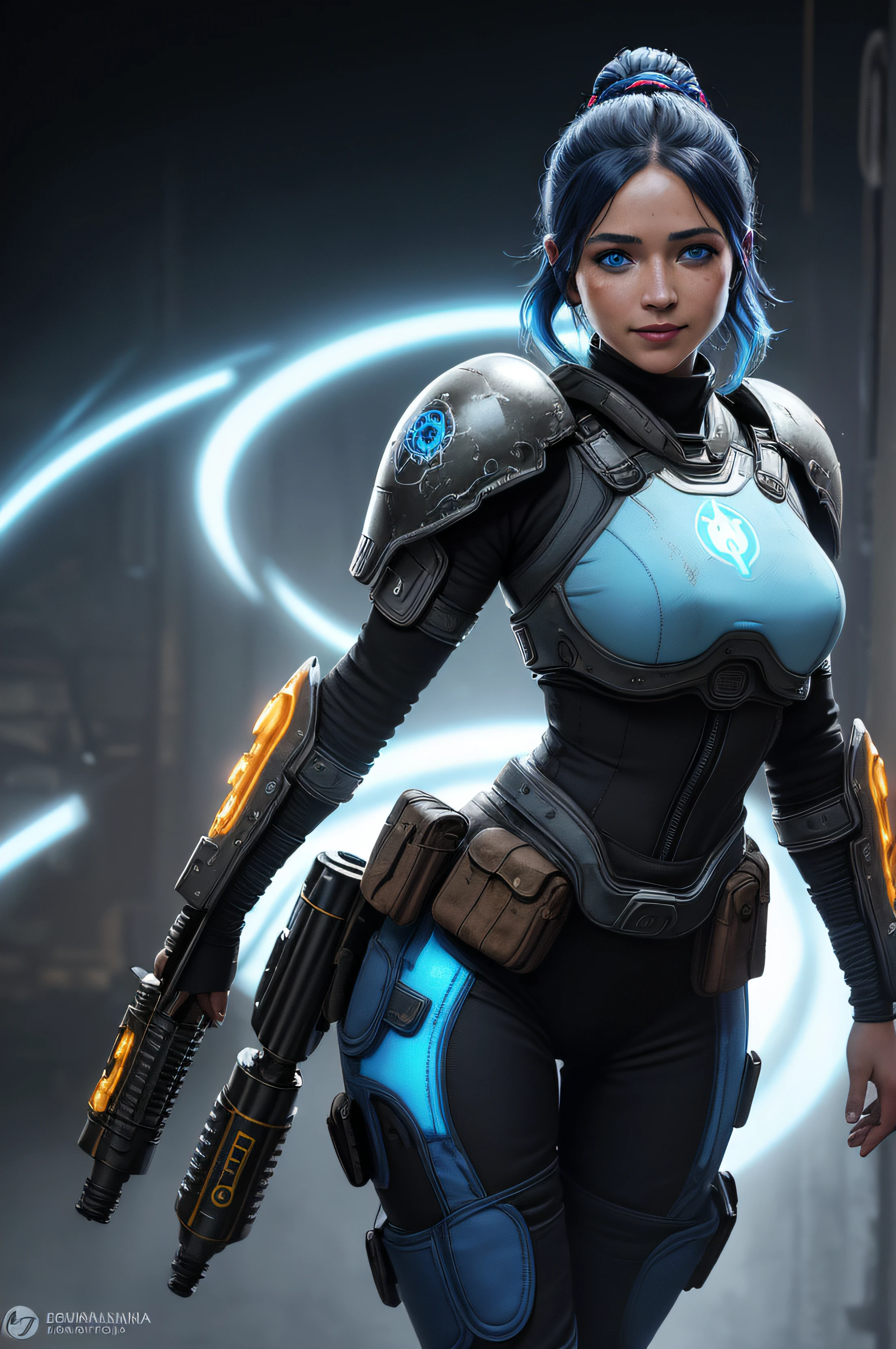 imagen cinematografica, chica sueca, gerrera, bellisima, cuerpo completo, superalta resolucion, pose dinamica, ojos de color azul brillante, iluminacion de la hora dorada, vestida al estilo gears of war con traje sexy con minifaldas, Anime heroine, sonrisa suave, auriculares de casco, en un ambiente futurista.(intrincados detalles de la maquina), nitidez maxima,calidad imagen 8k.
