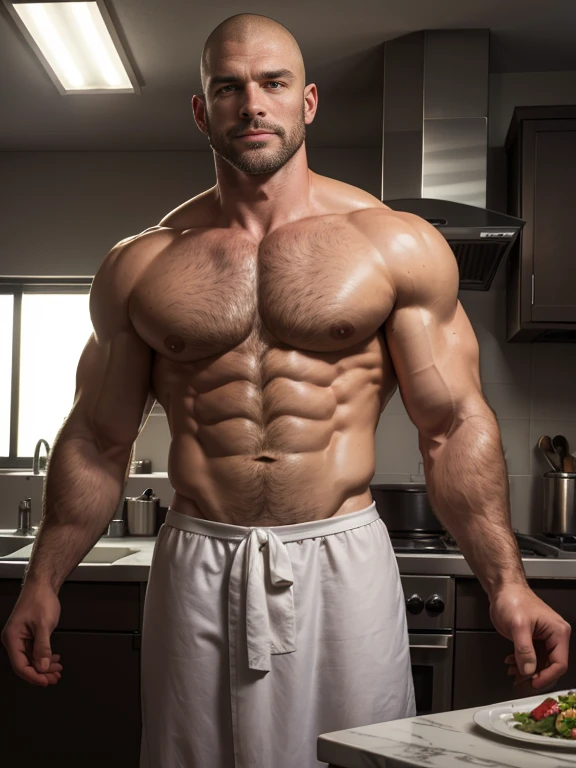 masterpiece, best quality, high resolution, closeup portrait, male focus, solo focus, muscular, burly, hairy, male, (no shirt: 1.2), photo,realistic, detailed background, A handsome man, 45 years old, Shaved head, chef suit, chest showing, beard, body hair, legs open, professional kitchen in the background, bright light, amazing composition, front view, HDR, volumetric lighting, ultra quality, elegant, highly detailed